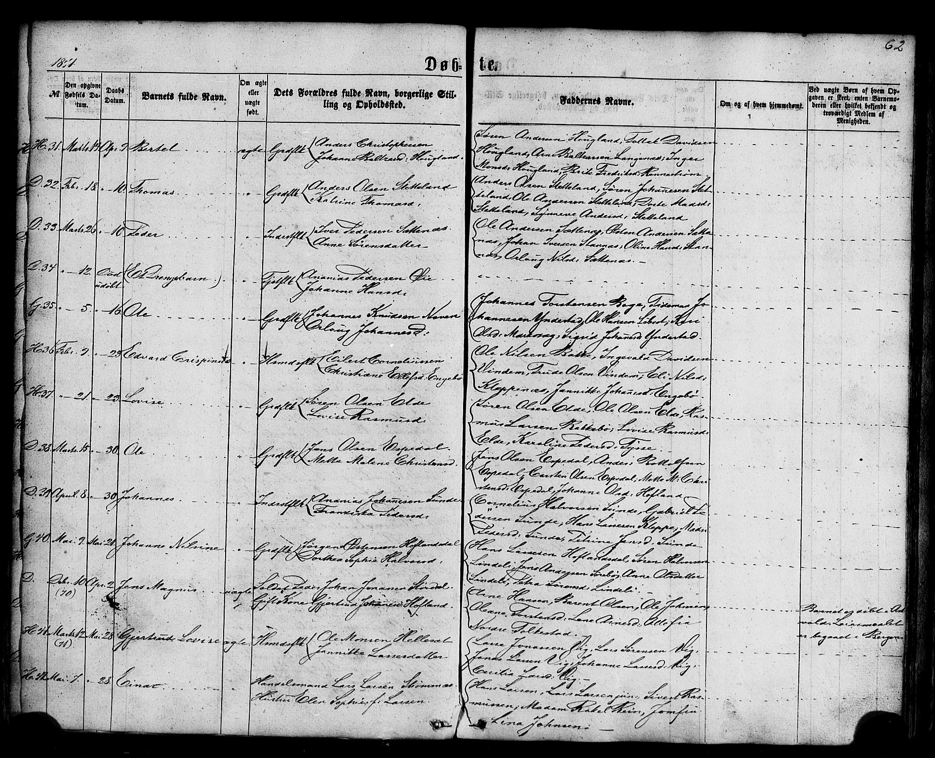 Fjaler sokneprestembete, AV/SAB-A-79801/H/Haa/Haaa/L0007: Parish register (official) no. A 7, 1862-1881, p. 62