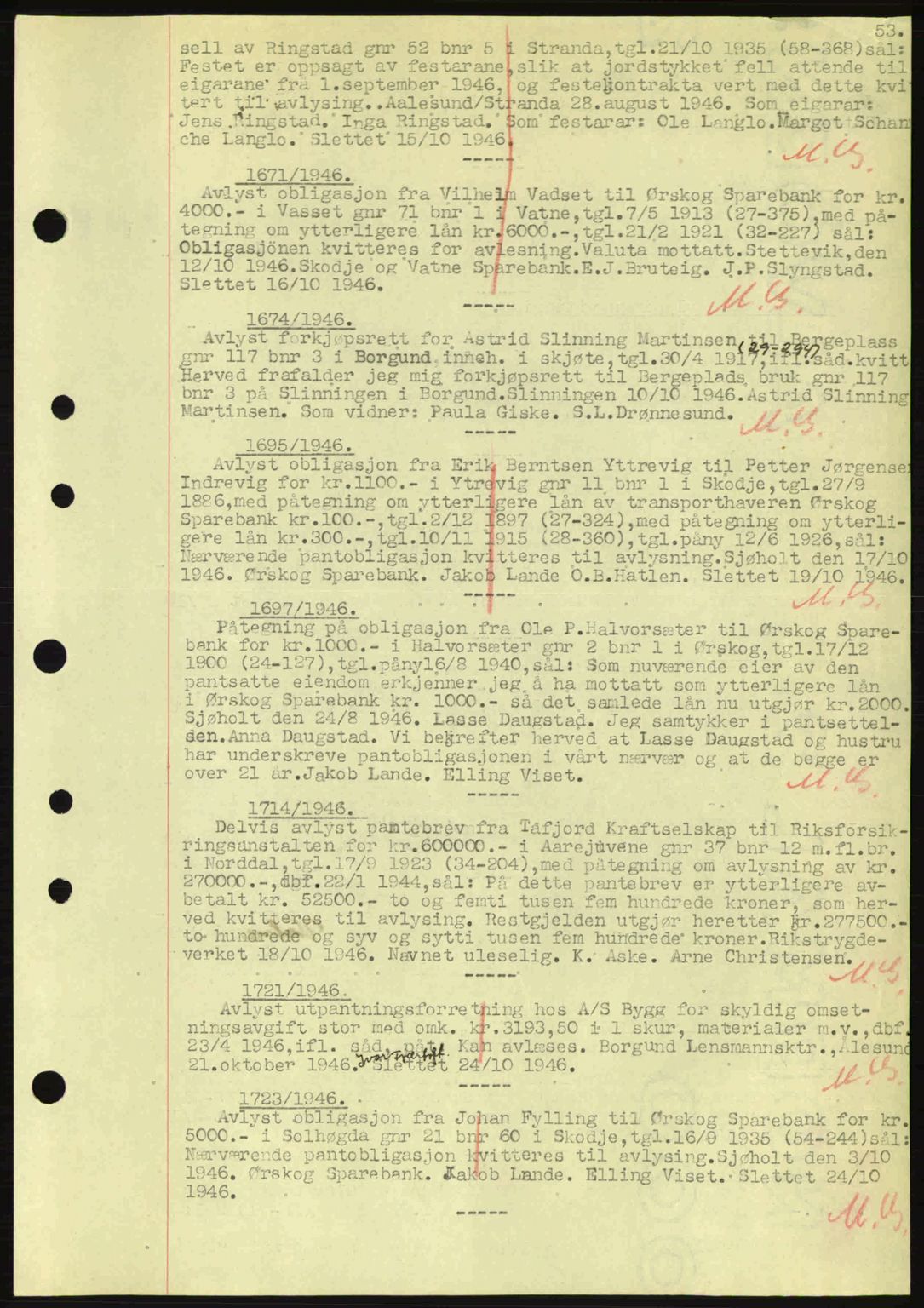 Nordre Sunnmøre sorenskriveri, SAT/A-0006/1/2/2C/2Ca: Mortgage book no. B6-14 a, 1942-1945, Diary no: : 1671/1946