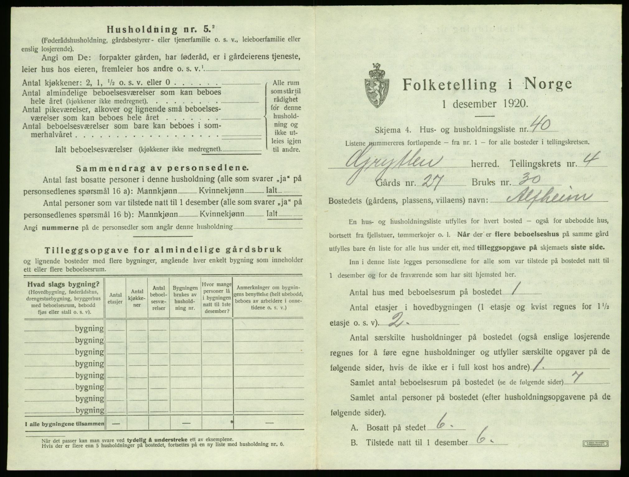 SAT, 1920 census for Grytten, 1920, p. 438