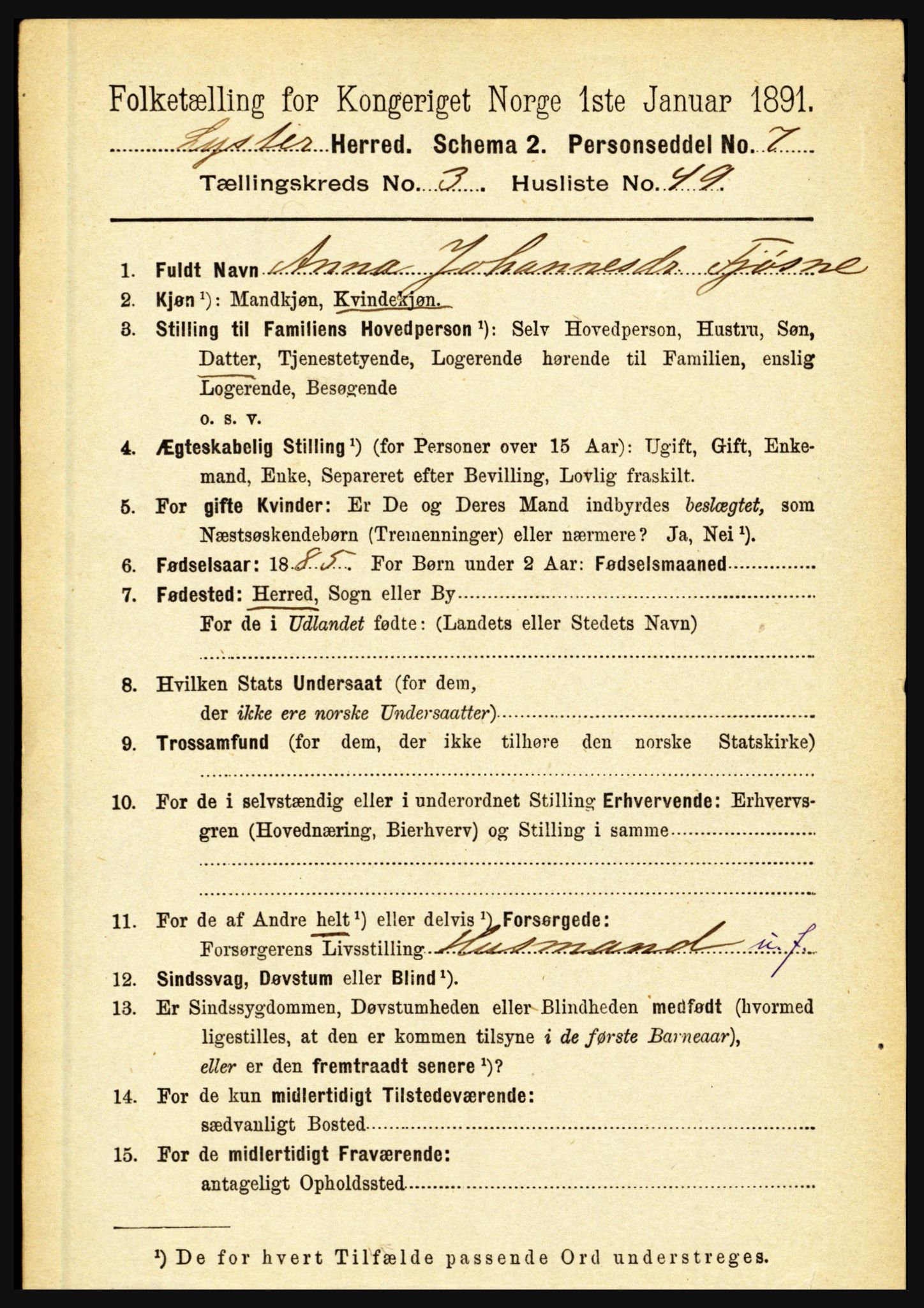 RA, 1891 census for 1426 Luster, 1891, p. 1404