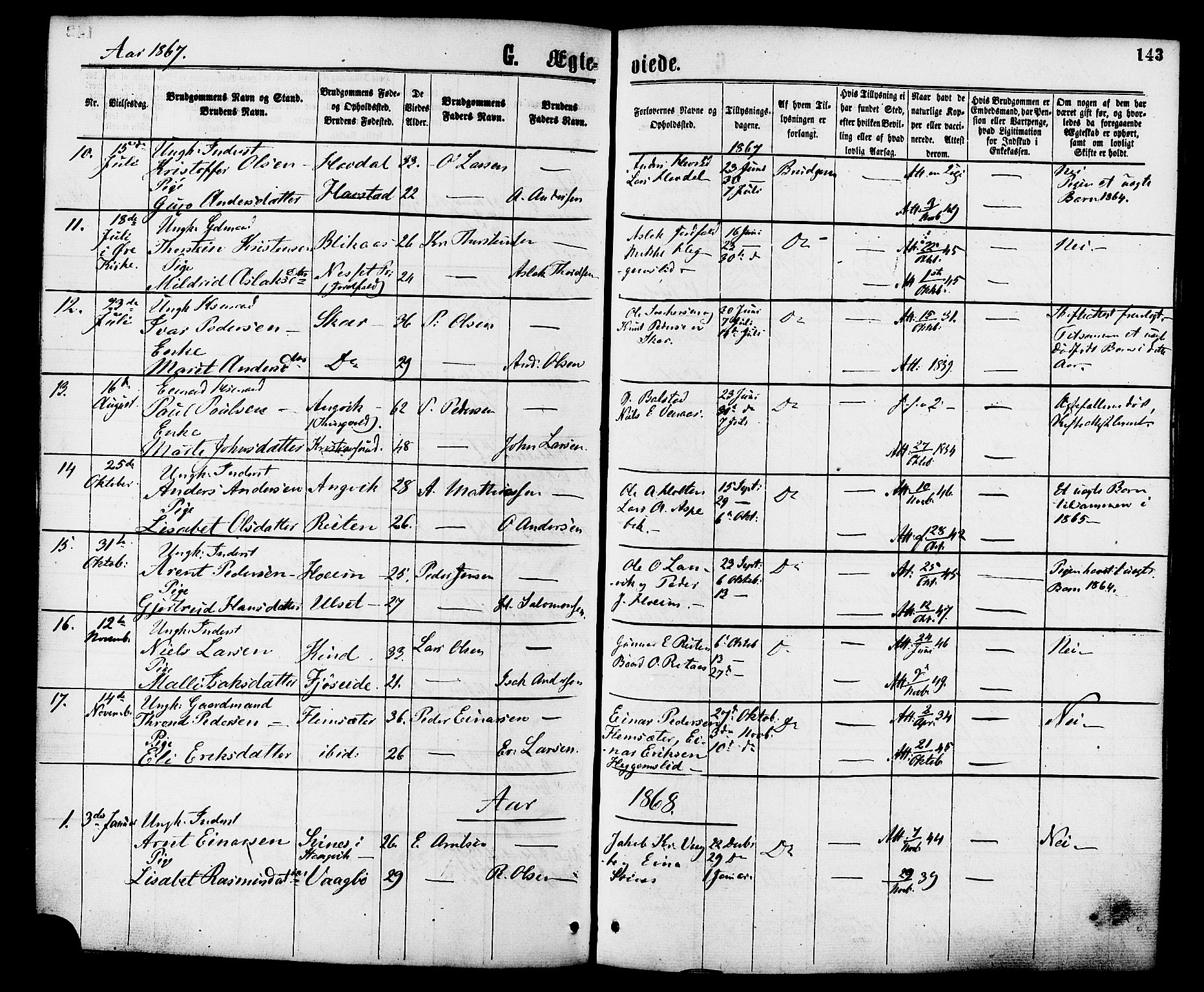 Ministerialprotokoller, klokkerbøker og fødselsregistre - Møre og Romsdal, AV/SAT-A-1454/586/L0986: Parish register (official) no. 586A12, 1867-1878, p. 143