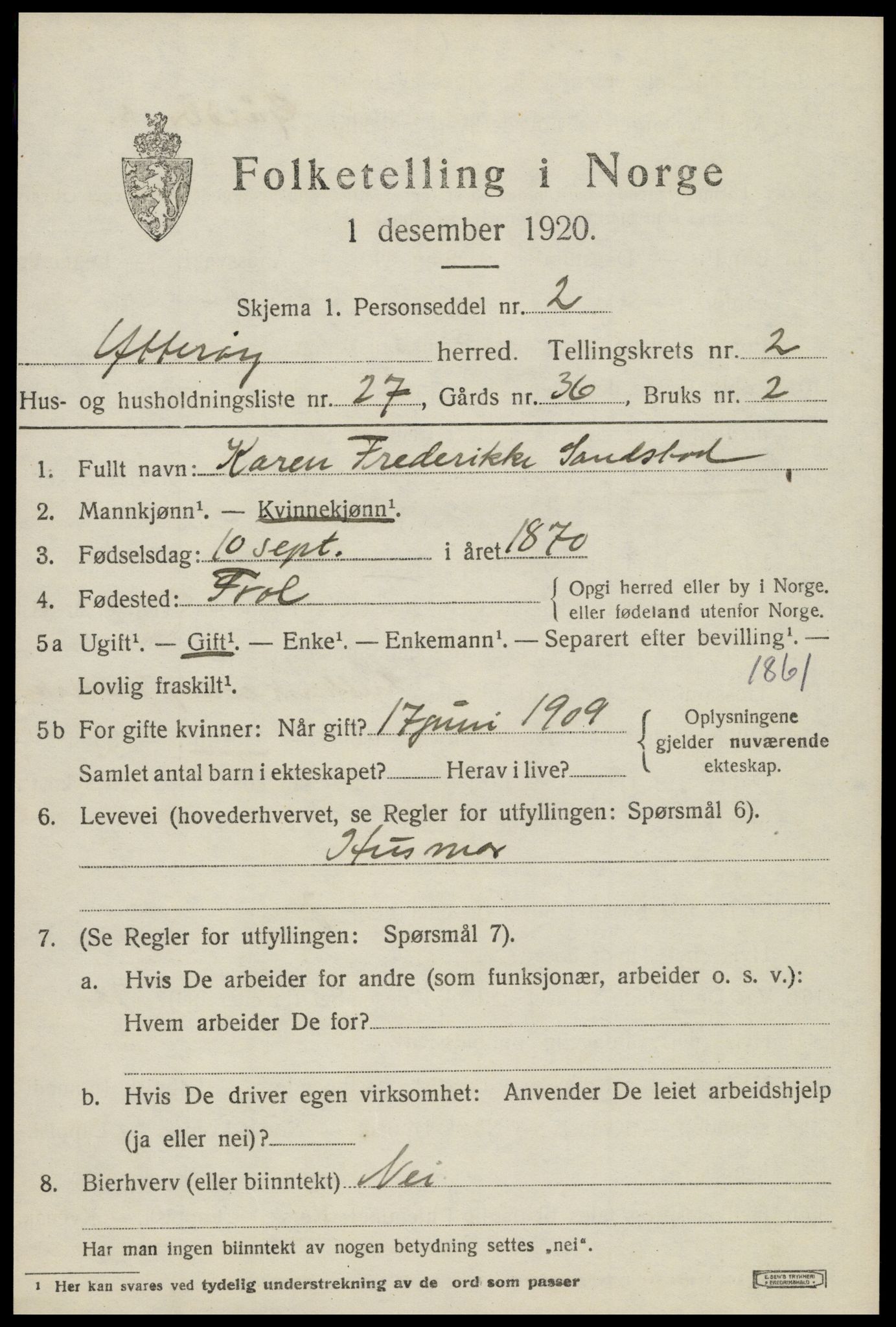 SAT, 1920 census for Ytterøy, 1920, p. 1307