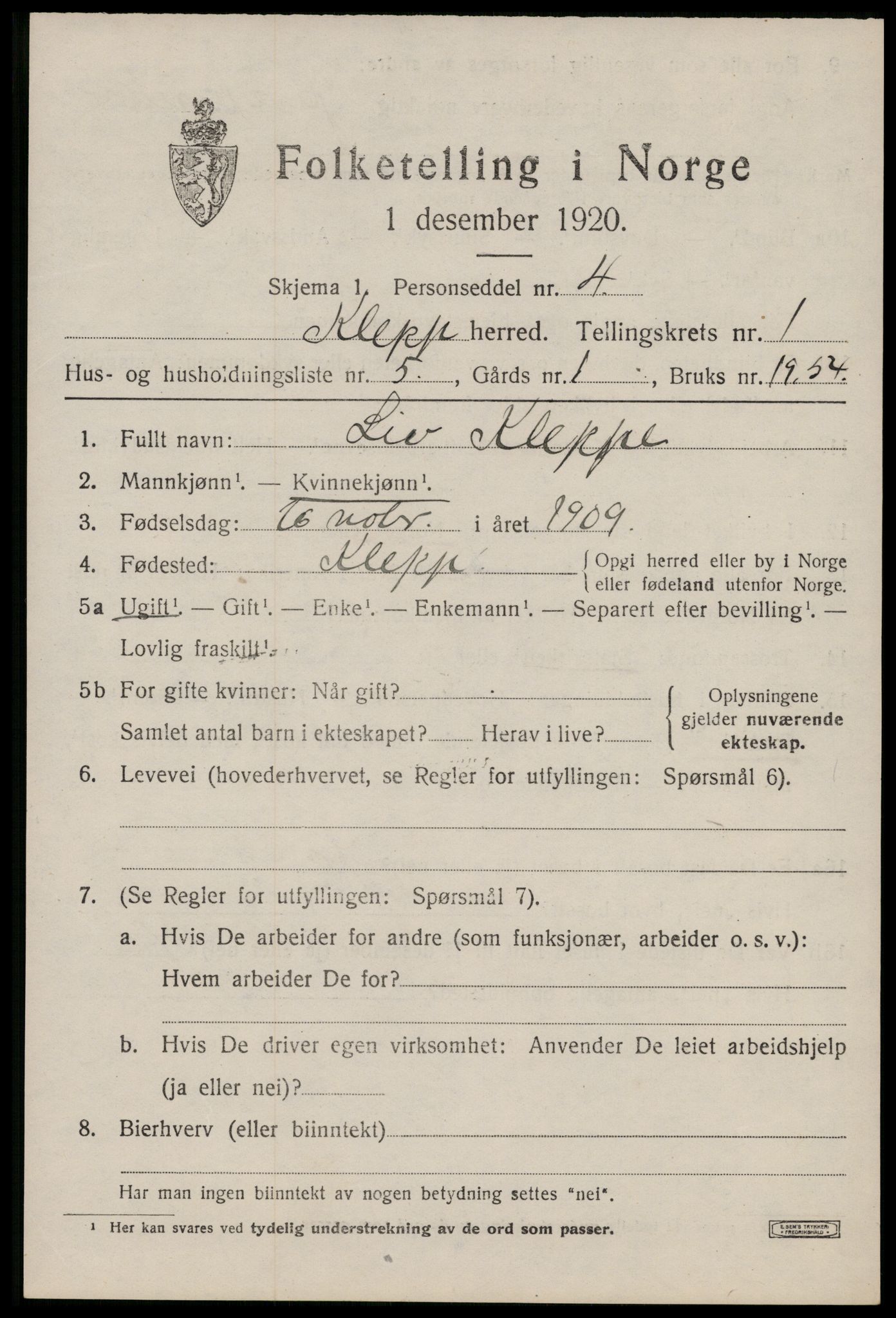 SAST, 1920 census for Klepp, 1920, p. 1266