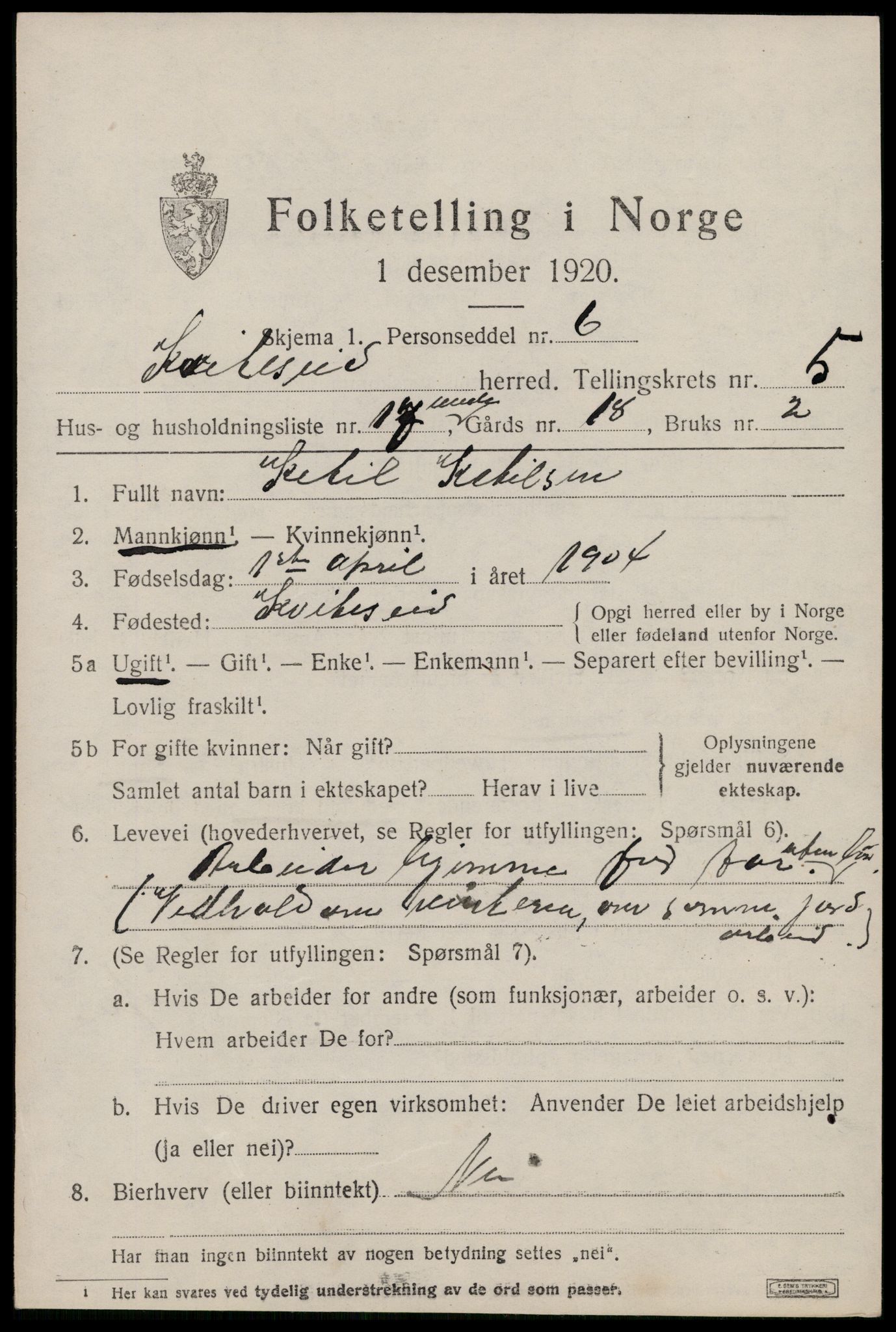 SAKO, 1920 census for Kviteseid, 1920, p. 3015