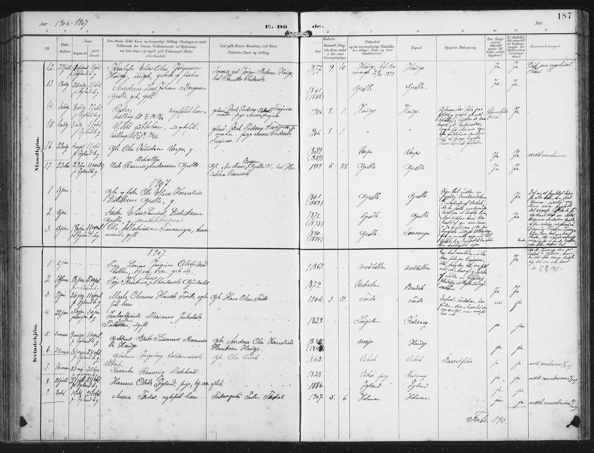 Bremanger sokneprestembete, SAB/A-82201/H/Haa/Haab/L0002: Parish register (official) no. B  2, 1896-1908, p. 187