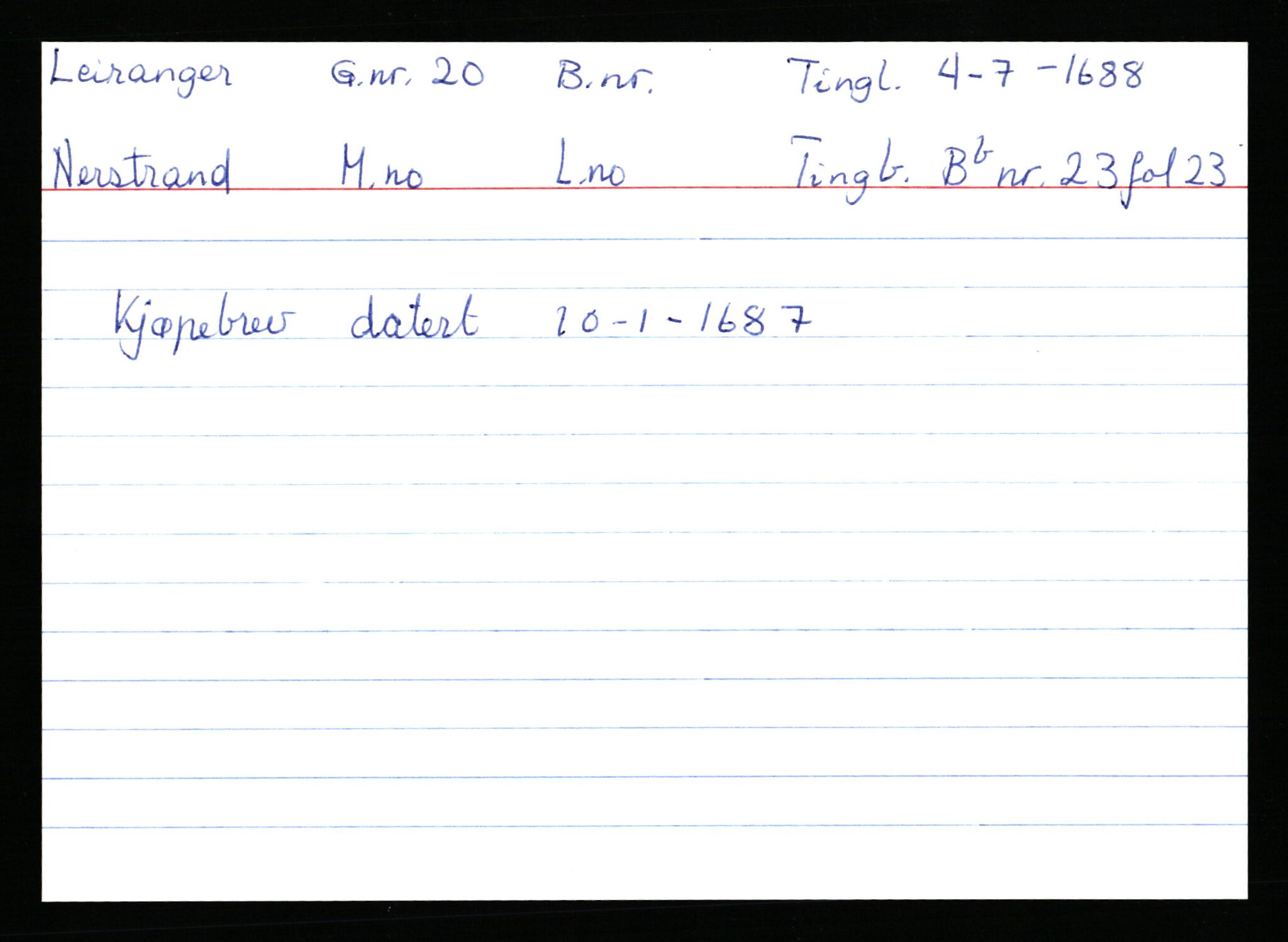 Statsarkivet i Stavanger, AV/SAST-A-101971/03/Y/Ym/L0035: Åstedskort sortert etter gårdsnavn: Leiranger - Lindanger, 1600-1950, p. 26