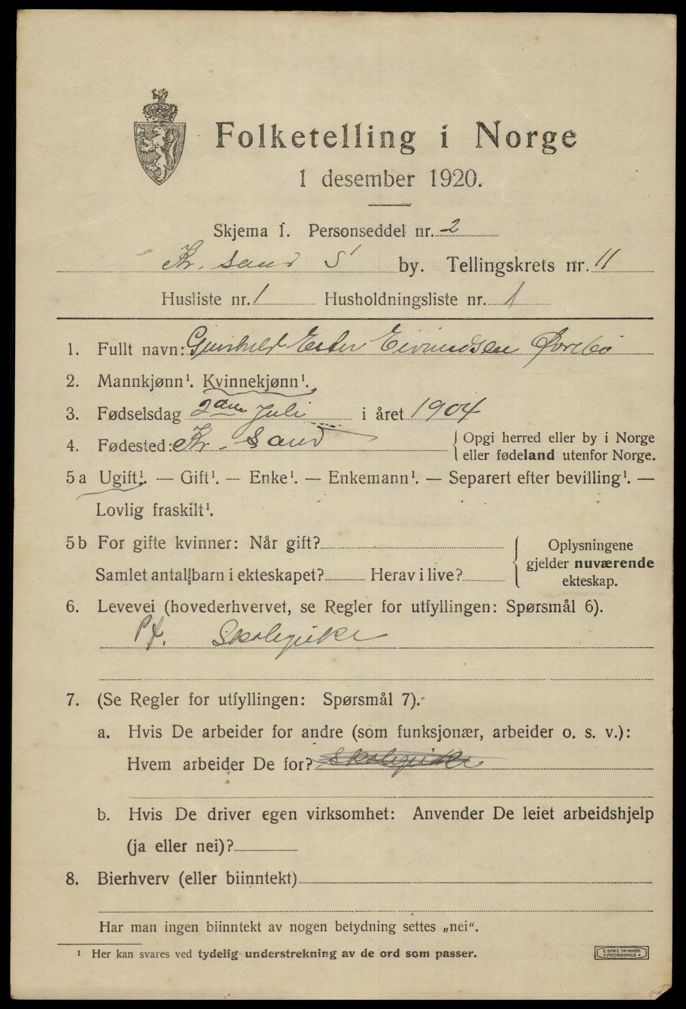 SAK, 1920 census for Kristiansand, 1920, p. 24651