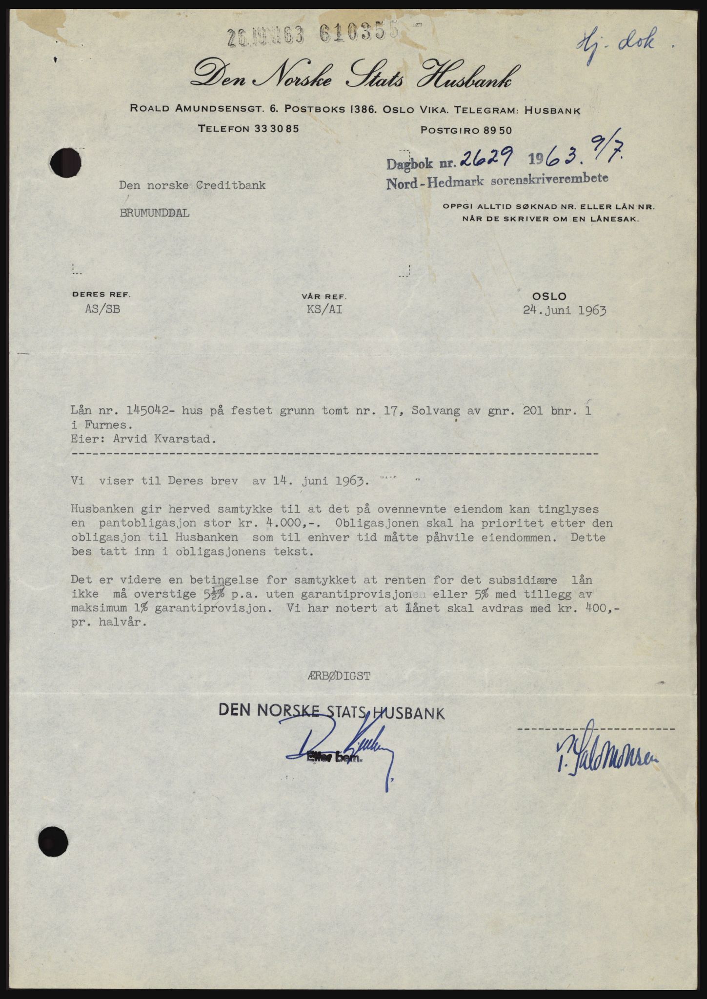 Nord-Hedmark sorenskriveri, SAH/TING-012/H/Hc/L0018: Mortgage book no. 18, 1963-1963, Diary no: : 2629/1963