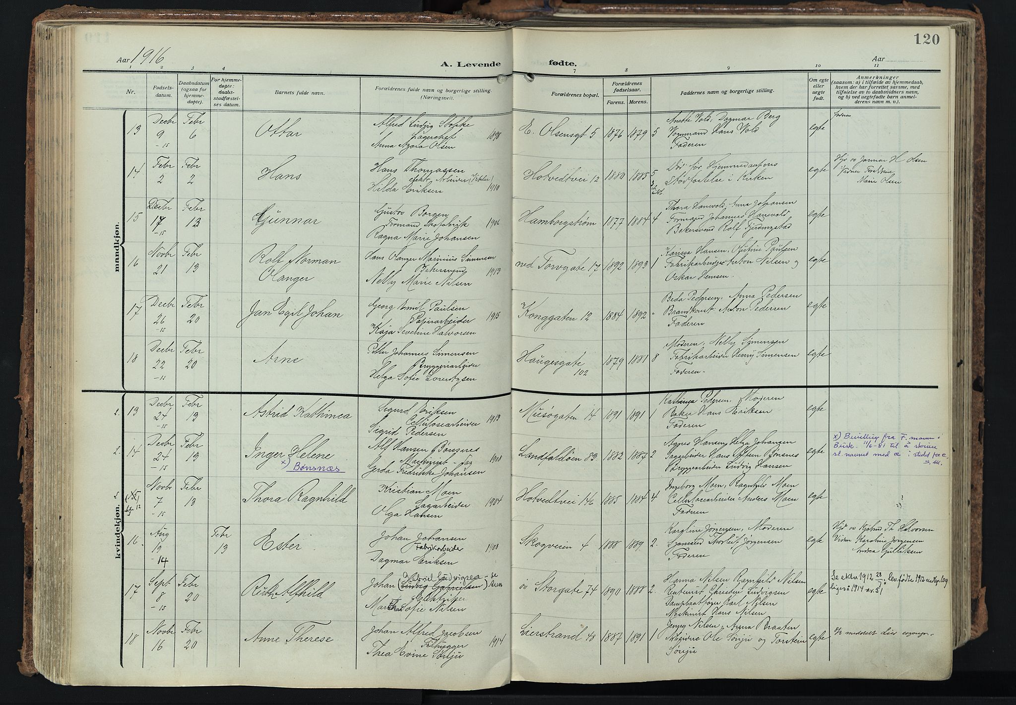 Bragernes kirkebøker, AV/SAKO-A-6/F/Fb/L0010: Parish register (official) no. II 10, 1911-1922, p. 120