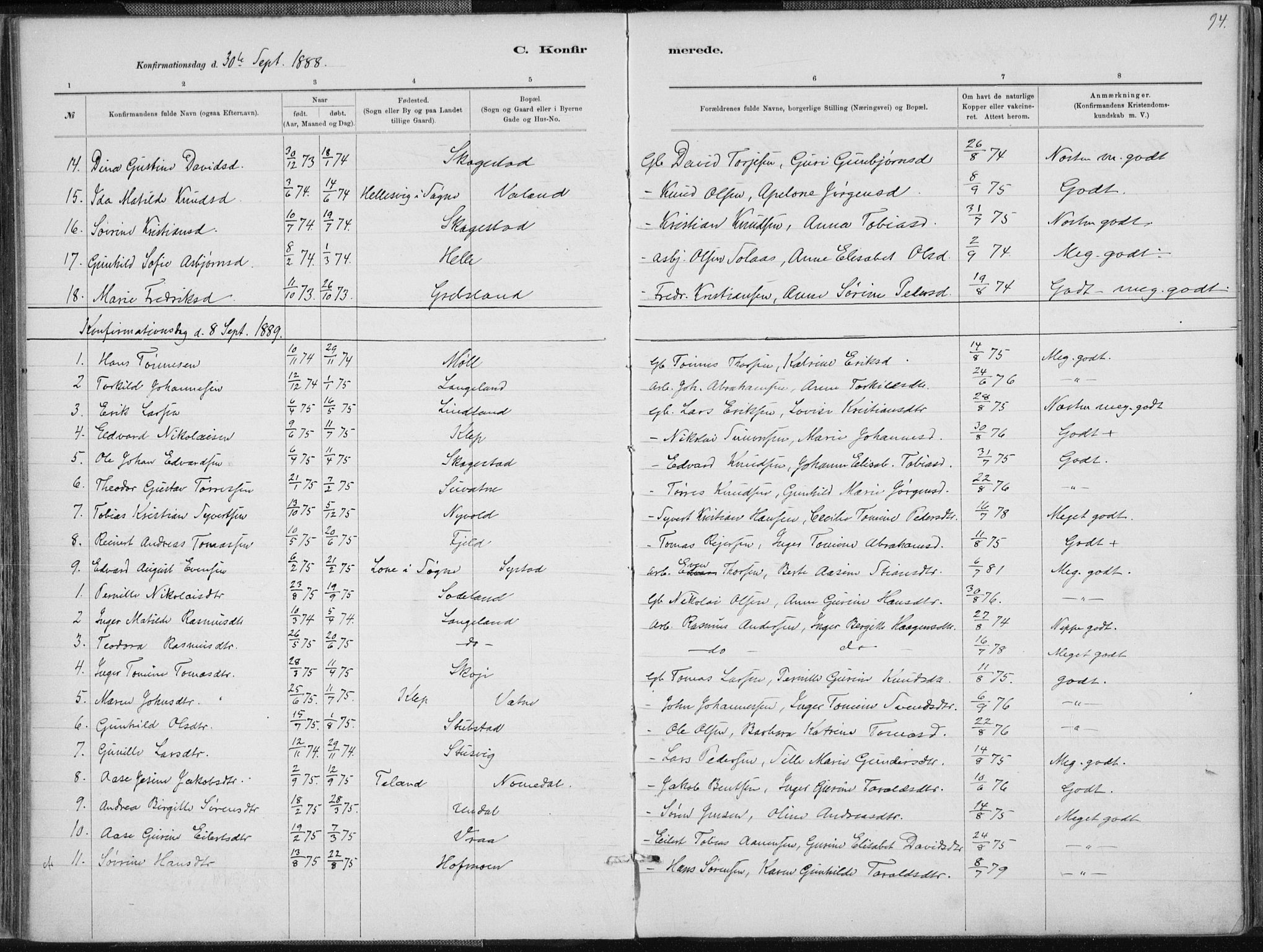 Holum sokneprestkontor, AV/SAK-1111-0022/F/Fa/Faa/L0007: Parish register (official) no. A 7, 1884-1907, p. 94