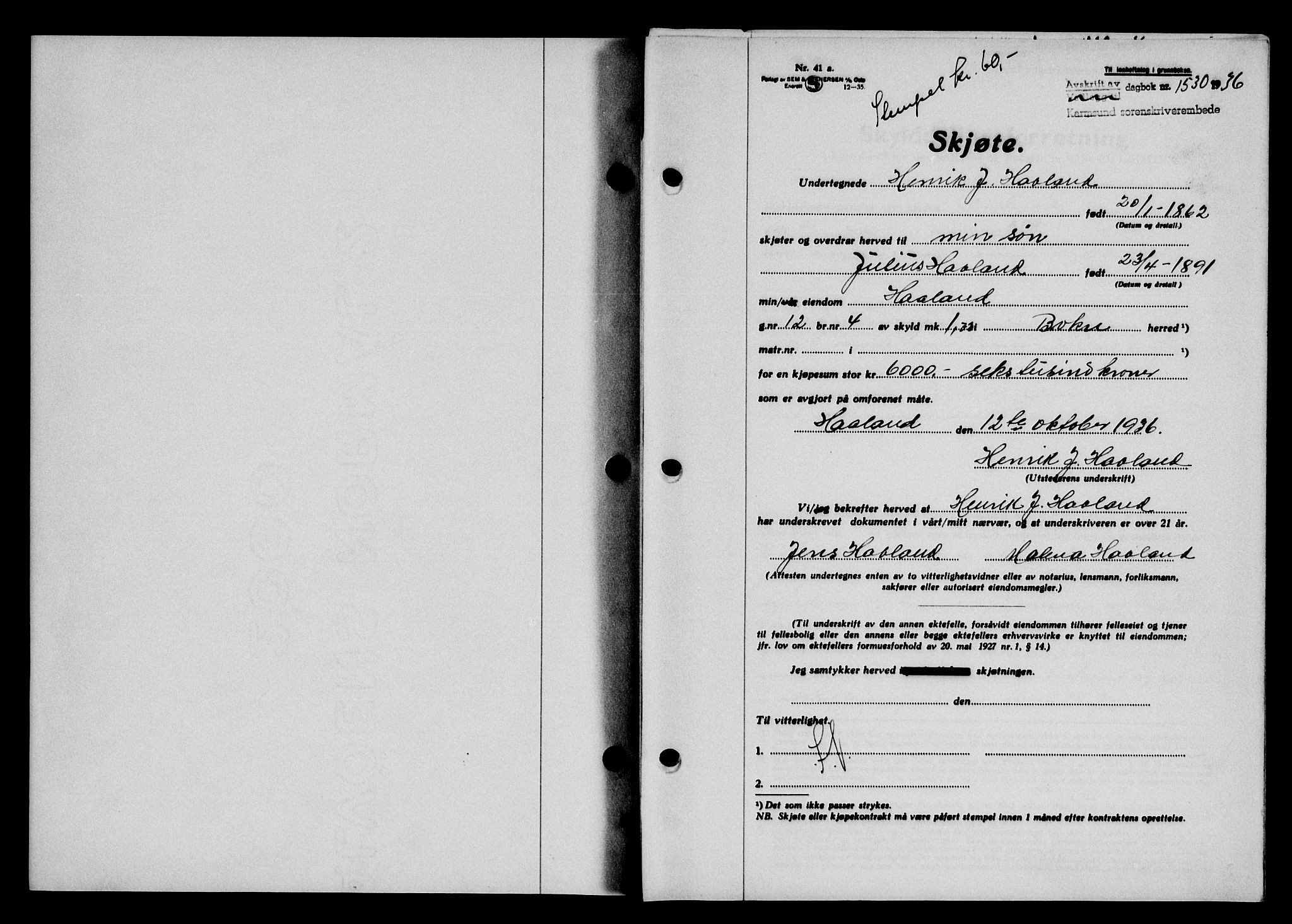 Karmsund sorenskriveri, AV/SAST-A-100311/01/II/IIB/L0067: Mortgage book no. 48A, 1936-1937, Diary no: : 1530/1936