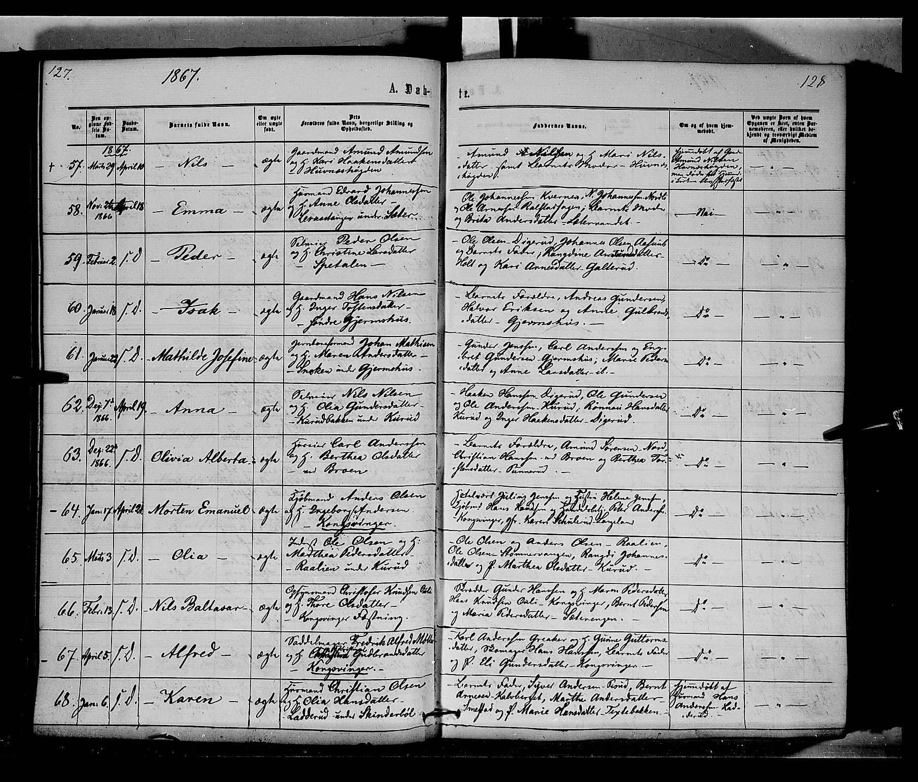 Vinger prestekontor, AV/SAH-PREST-024/H/Ha/Haa/L0011: Parish register (official) no. 11, 1862-1870, p. 128