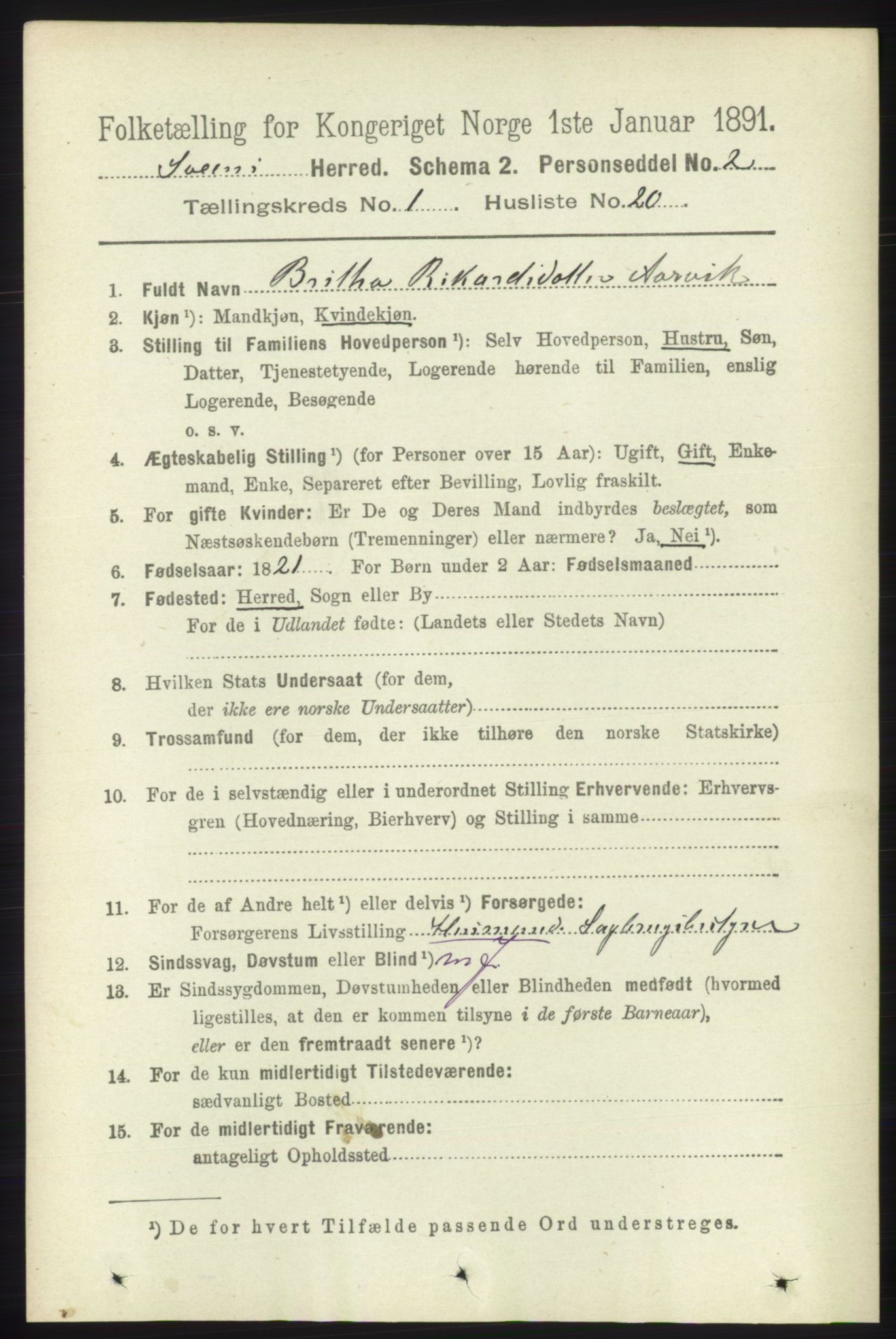 RA, 1891 census for 1216 Sveio, 1891, p. 212