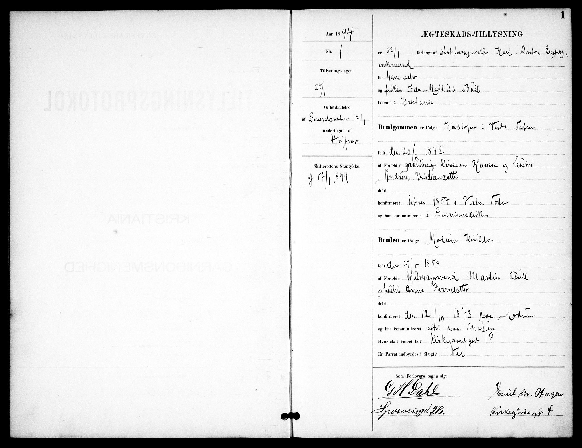 Garnisonsmenigheten Kirkebøker, SAO/A-10846/H/Ha/L0008: Banns register no. I 8, 1894-1908, p. 1