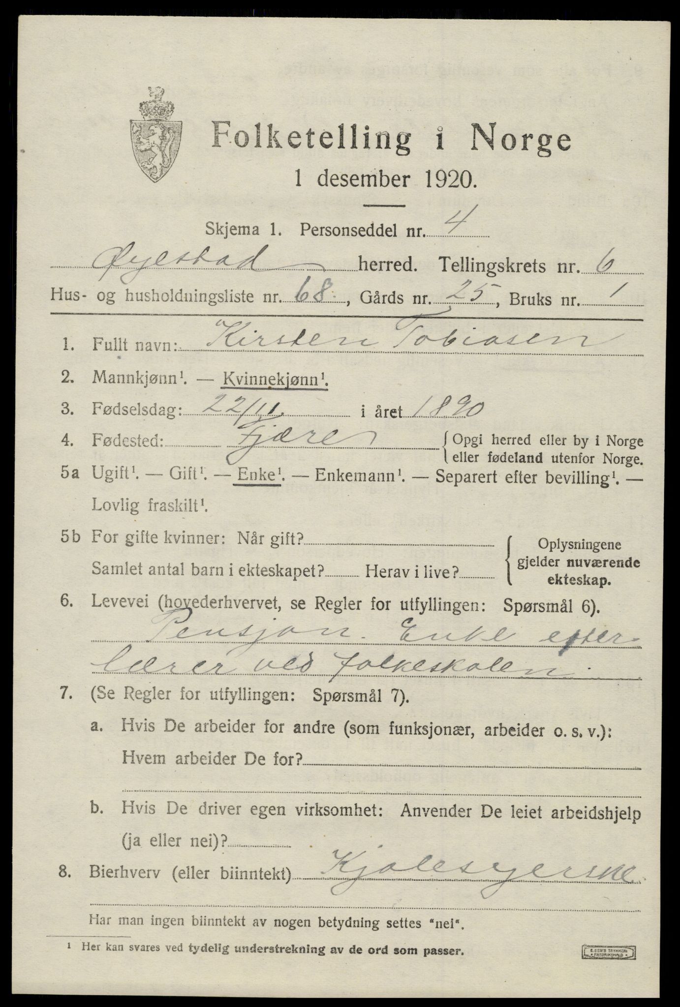 SAK, 1920 census for Øyestad, 1920, p. 4856