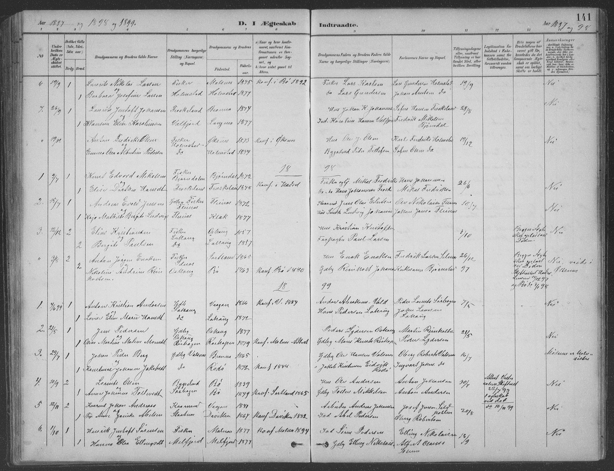 Ministerialprotokoller, klokkerbøker og fødselsregistre - Nordland, AV/SAT-A-1459/890/L1290: Parish register (copy) no. 890C01, 1882-1911, p. 141