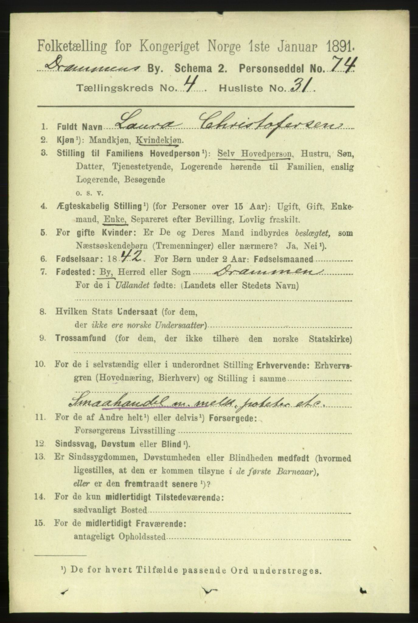 RA, 1891 census for 0602 Drammen, 1891, p. 5734