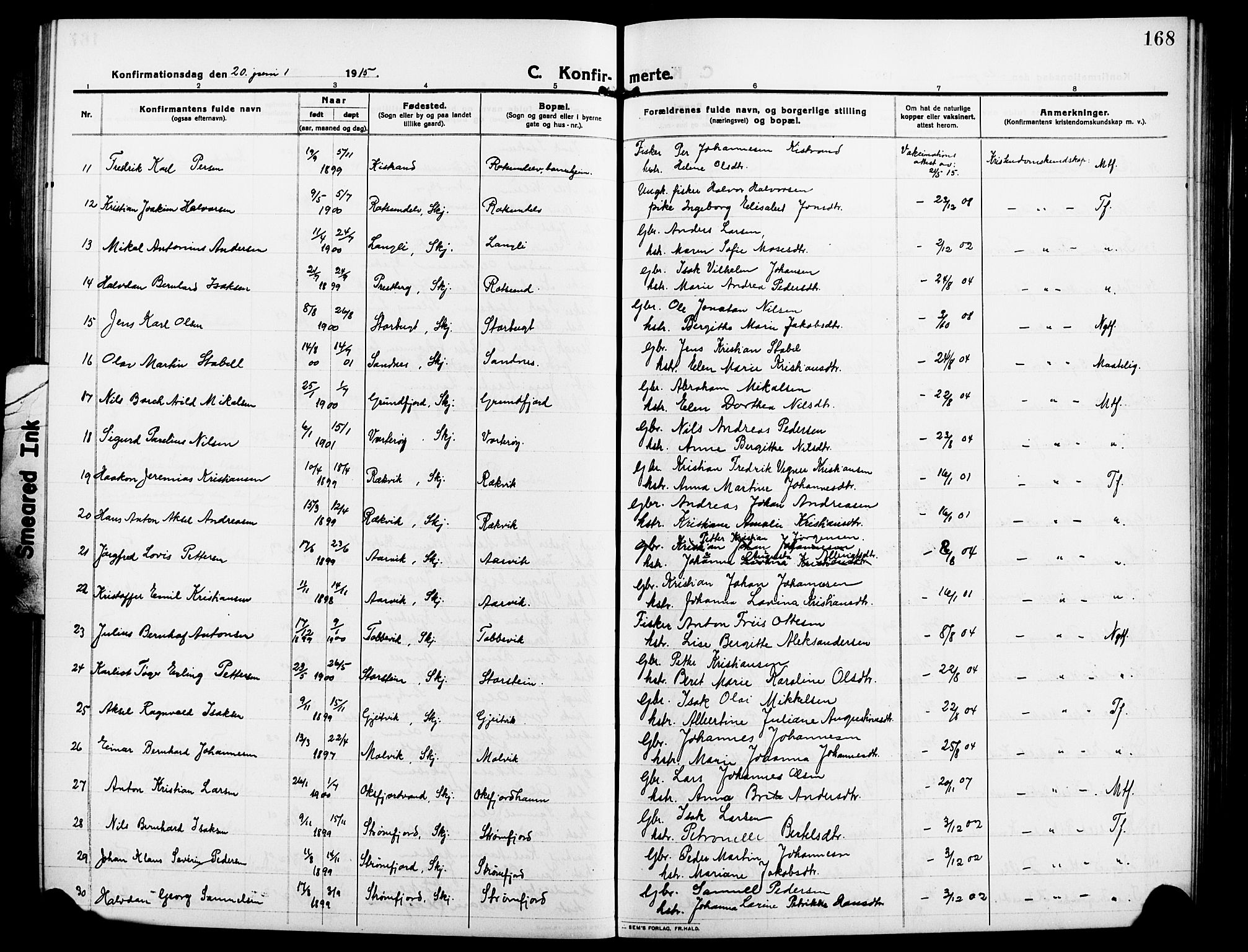 Skjervøy sokneprestkontor, AV/SATØ-S-1300/H/Ha/Hab/L0009klokker: Parish register (copy) no. 9, 1911-1926, p. 168