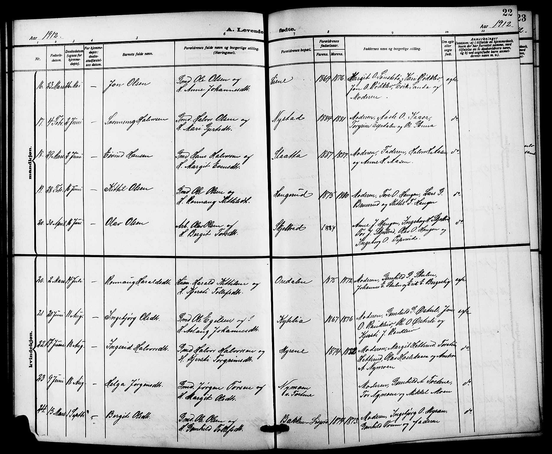 Bø kirkebøker, AV/SAKO-A-257/G/Ga/L0007: Parish register (copy) no. 7, 1909-1924, p. 22