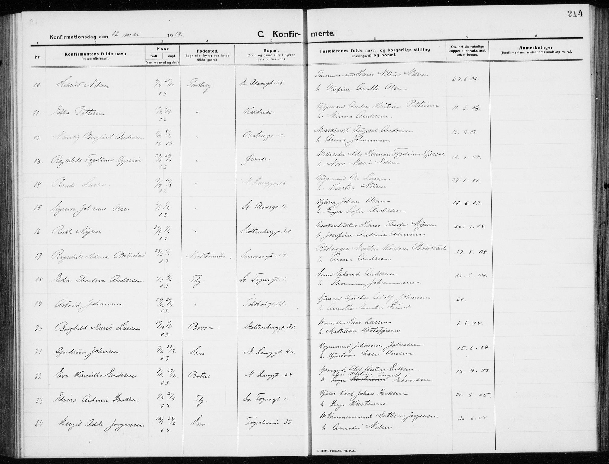 Tønsberg kirkebøker, AV/SAKO-A-330/G/Ga/L0009: Parish register (copy) no. 9, 1913-1920, p. 214