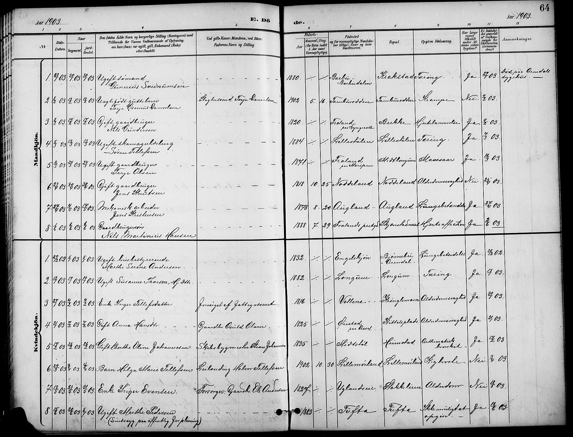 Austre Moland sokneprestkontor, SAK/1111-0001/F/Fb/Fba/L0004: Parish register (copy) no. B 4a, 1897-1913, p. 64