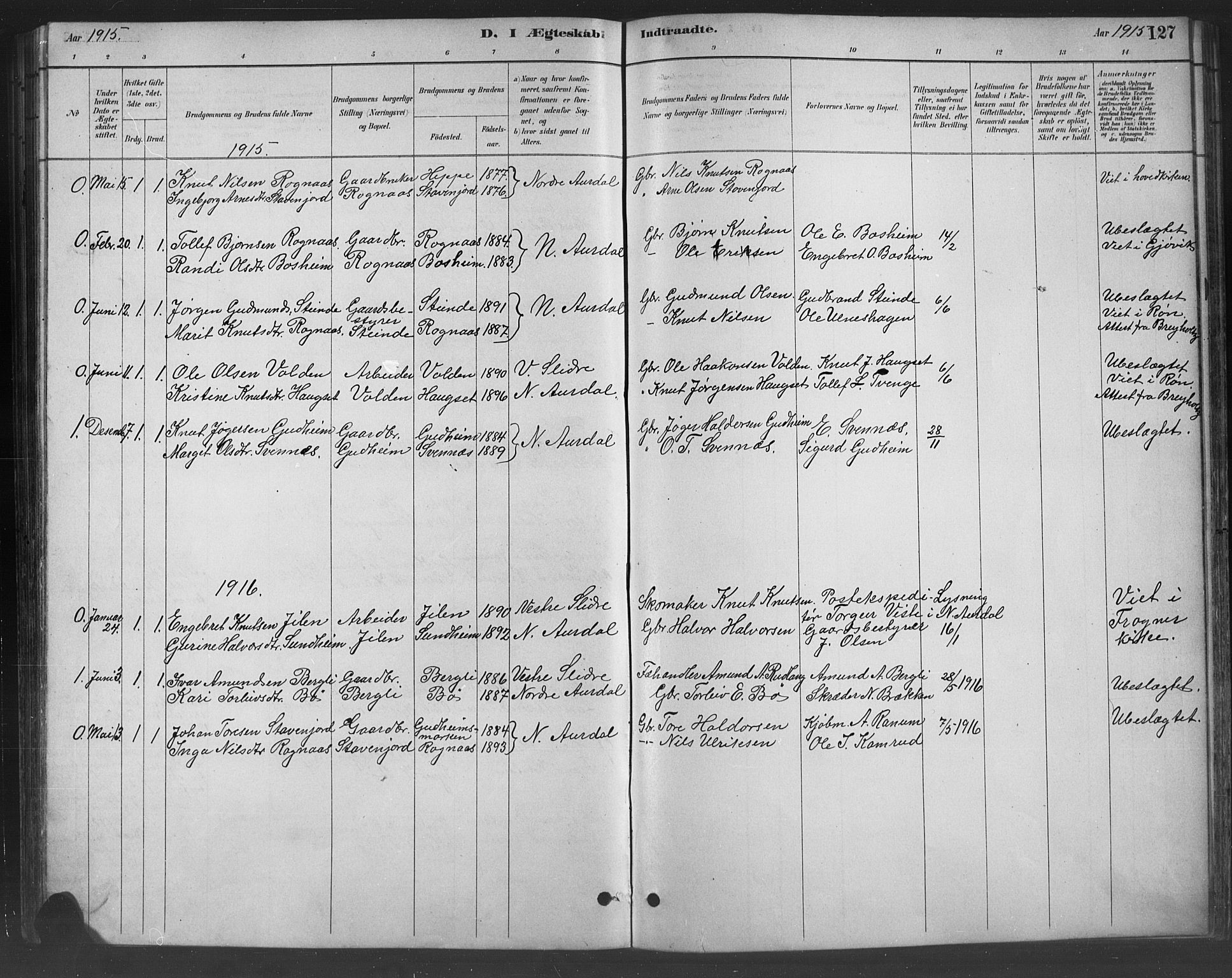 Nord-Aurdal prestekontor, AV/SAH-PREST-132/H/Ha/Hab/L0008: Parish register (copy) no. 8, 1883-1916, p. 127