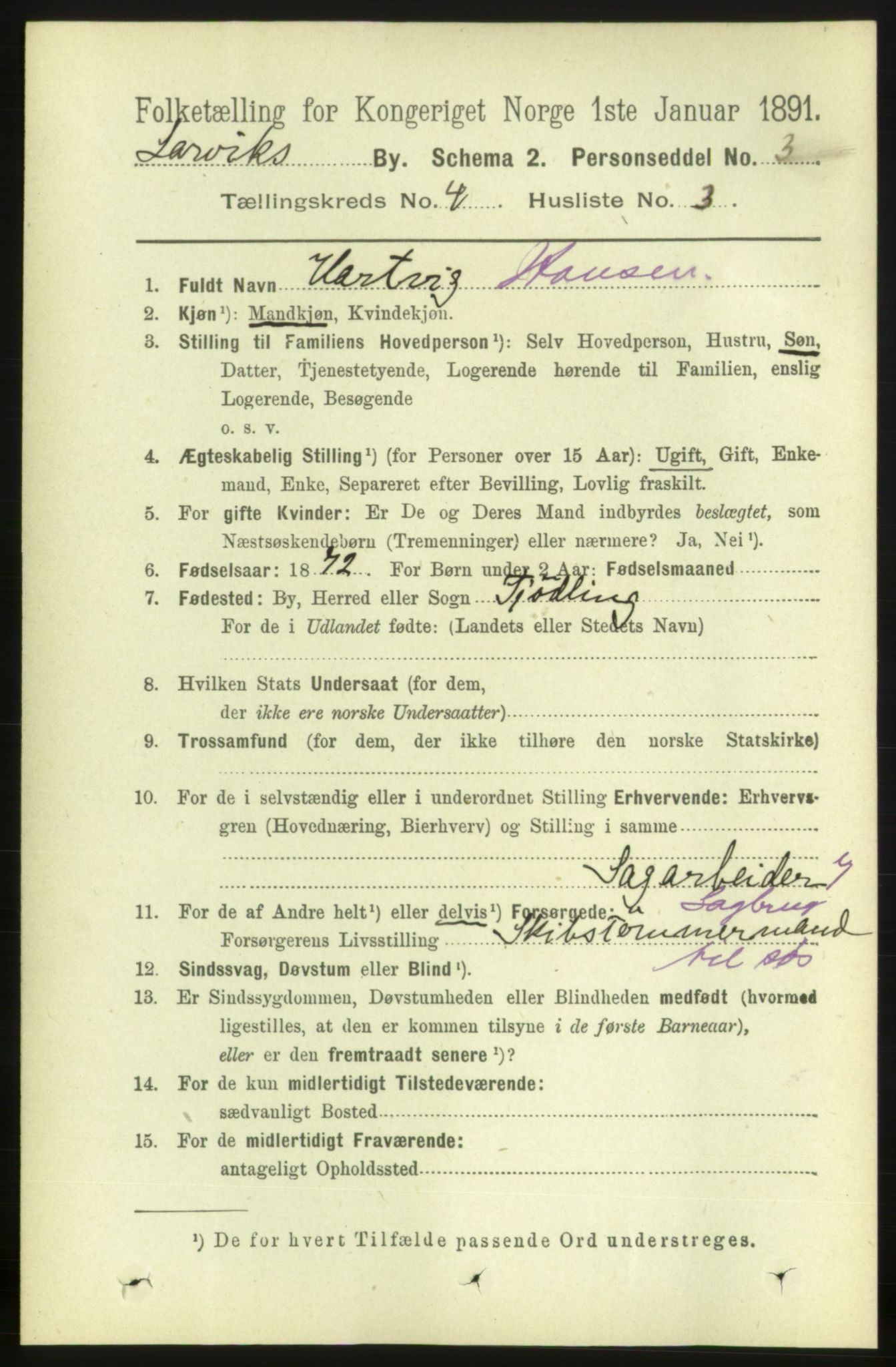 RA, 1891 census for 0707 Larvik, 1891, p. 5099