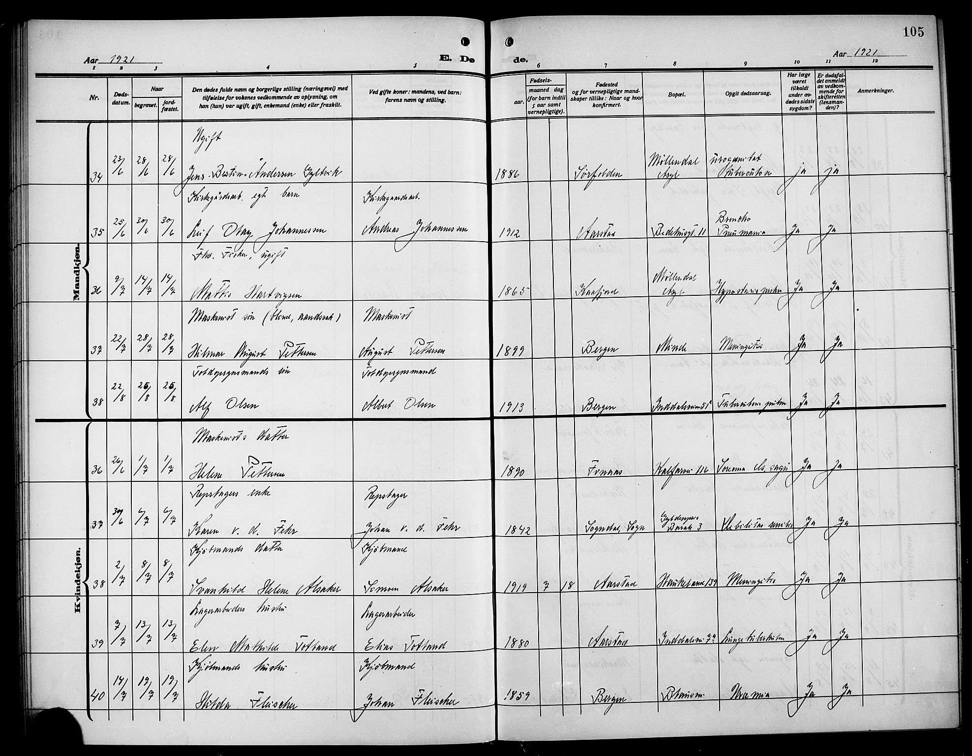 Årstad Sokneprestembete, AV/SAB-A-79301/H/Hab/L0024: Parish register (copy) no. D 1, 1915-1922, p. 105