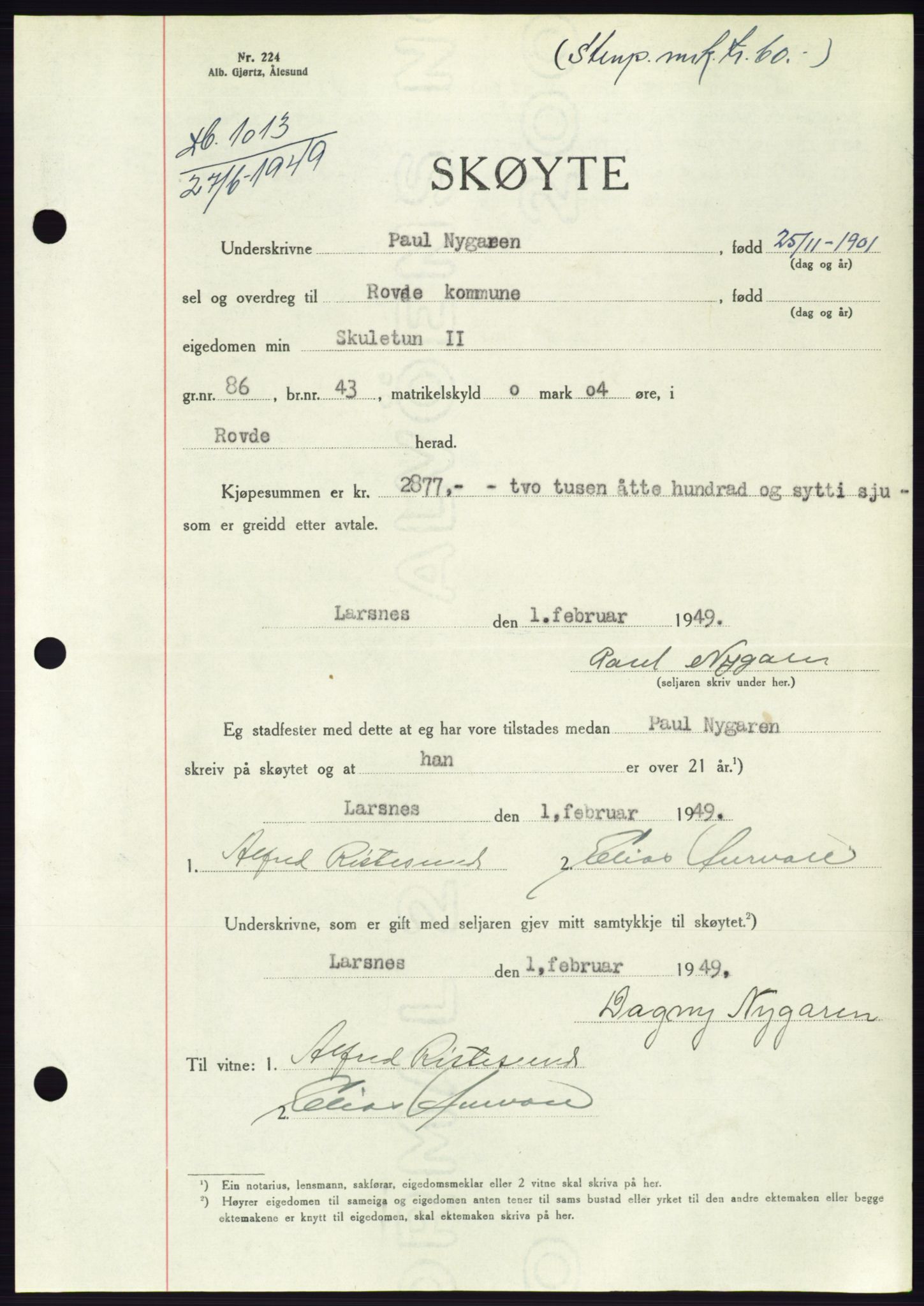 Søre Sunnmøre sorenskriveri, AV/SAT-A-4122/1/2/2C/L0084: Mortgage book no. 10A, 1949-1949, Diary no: : 1013/1949