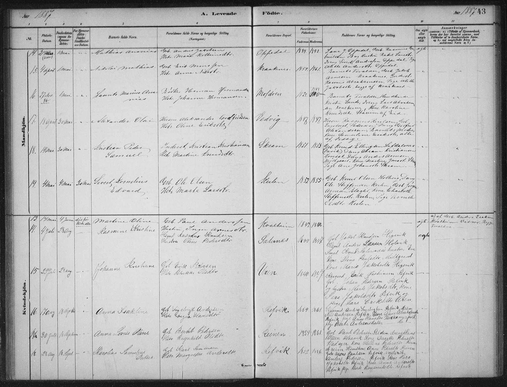 Selje sokneprestembete, AV/SAB-A-99938/H/Ha/Haa/Haac/L0001: Parish register (official) no. C  1, 1881-1888, p. 43