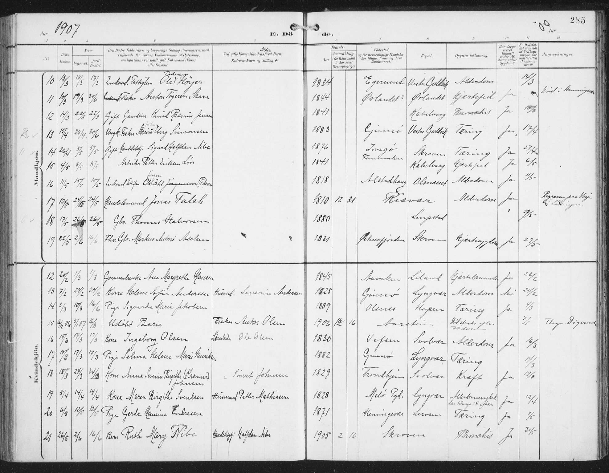 Ministerialprotokoller, klokkerbøker og fødselsregistre - Nordland, AV/SAT-A-1459/874/L1062: Parish register (official) no. 874A06, 1899-1907, p. 285