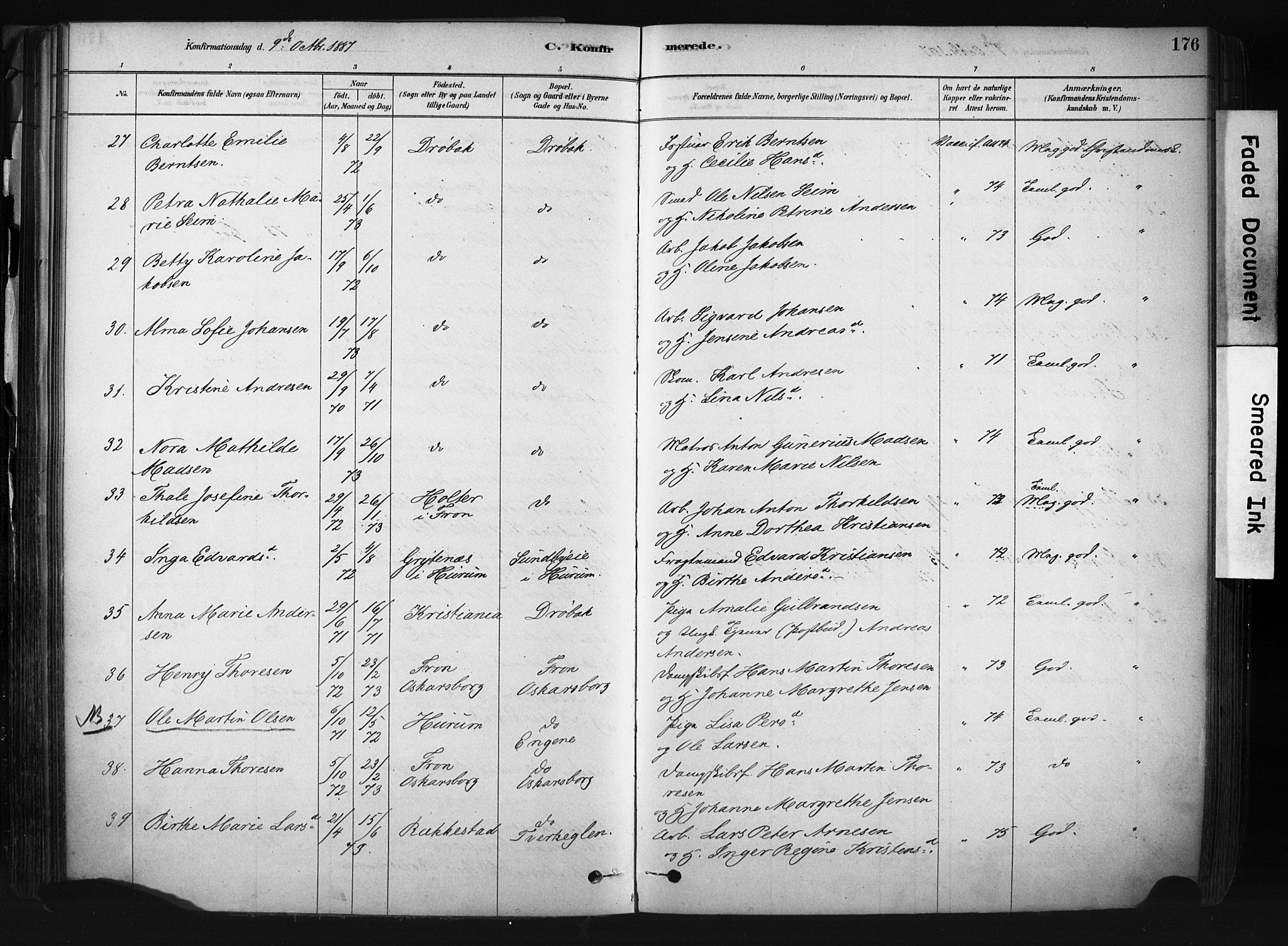 Drøbak prestekontor Kirkebøker, AV/SAO-A-10142a/F/Fb/L0001: Parish register (official) no. II 1, 1878-1891, p. 176