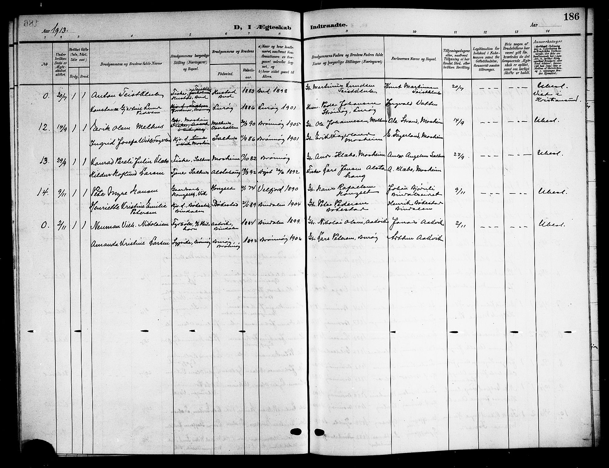 Ministerialprotokoller, klokkerbøker og fødselsregistre - Nordland, SAT/A-1459/813/L0214: Parish register (copy) no. 813C06, 1904-1917, p. 186