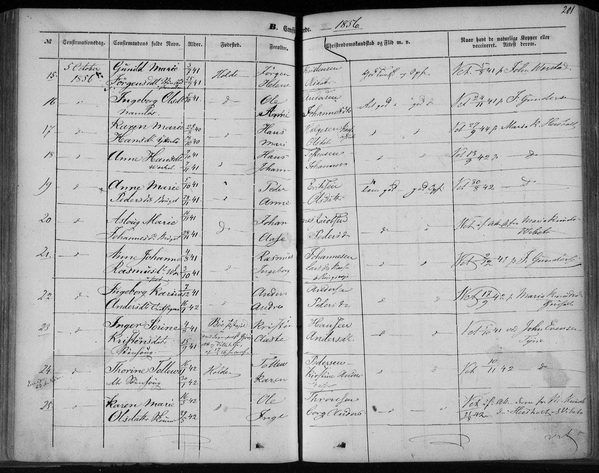 Holla kirkebøker, AV/SAKO-A-272/F/Fa/L0005: Parish register (official) no. 5, 1849-1860, p. 201