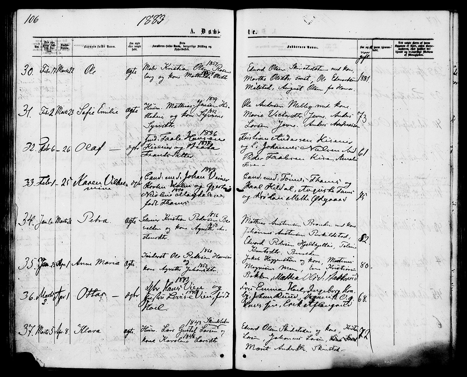 Nes prestekontor, Hedmark, AV/SAH-PREST-020/K/Ka/L0005: Parish register (official) no. 5, 1872-1886, p. 106