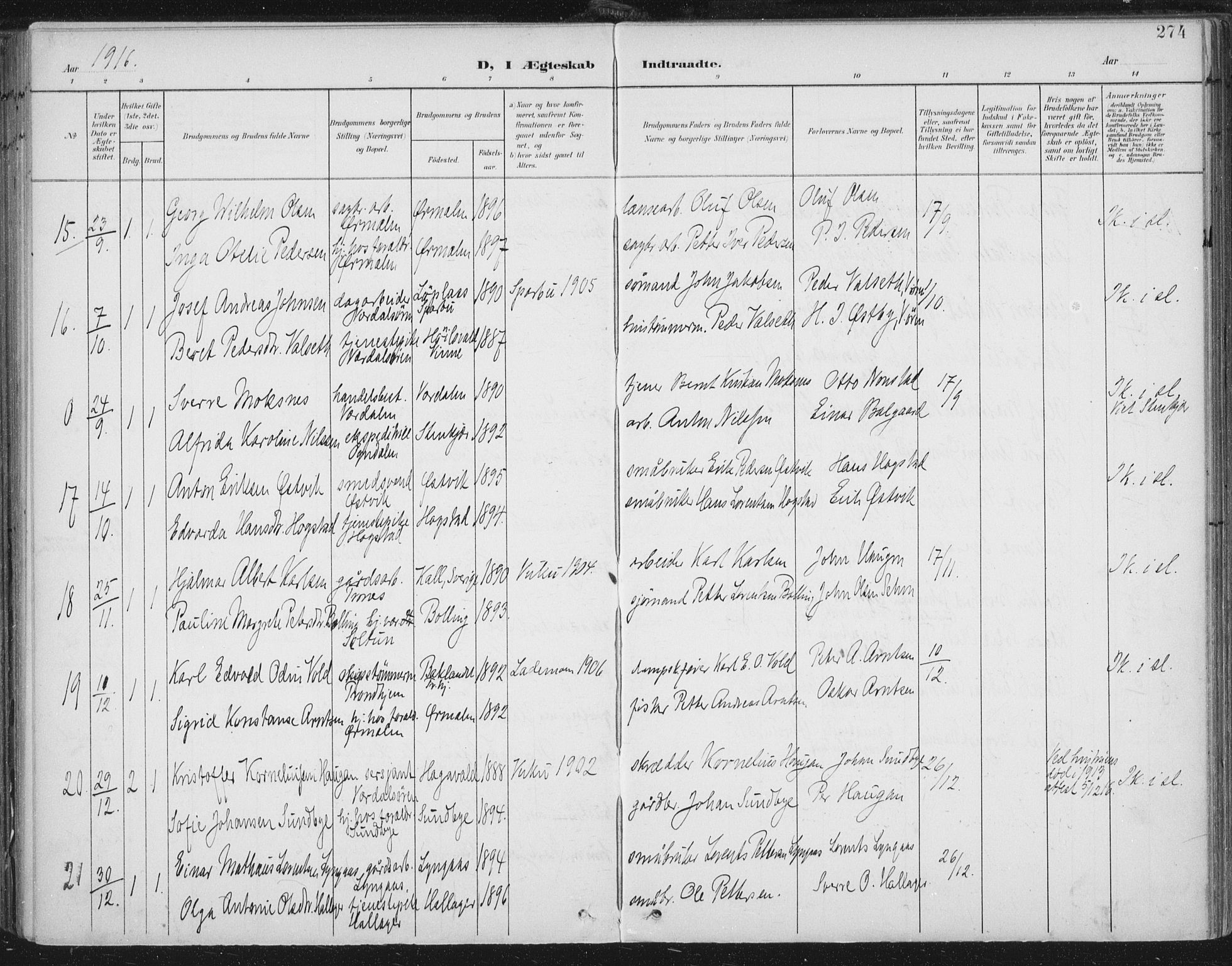Ministerialprotokoller, klokkerbøker og fødselsregistre - Nord-Trøndelag, SAT/A-1458/723/L0246: Parish register (official) no. 723A15, 1900-1917, p. 274