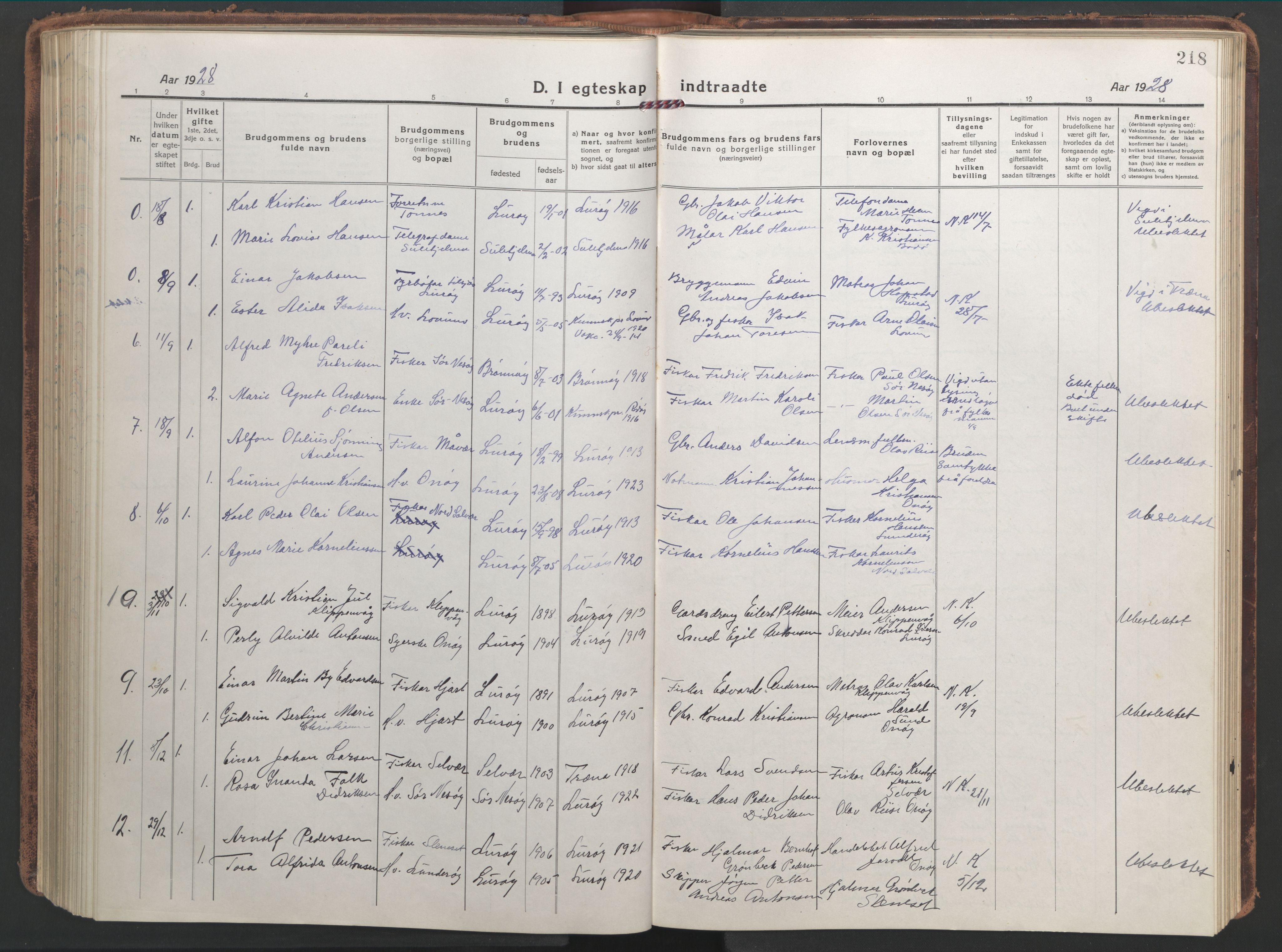 Ministerialprotokoller, klokkerbøker og fødselsregistre - Nordland, AV/SAT-A-1459/839/L0574: Parish register (copy) no. 839C04, 1918-1950, p. 218