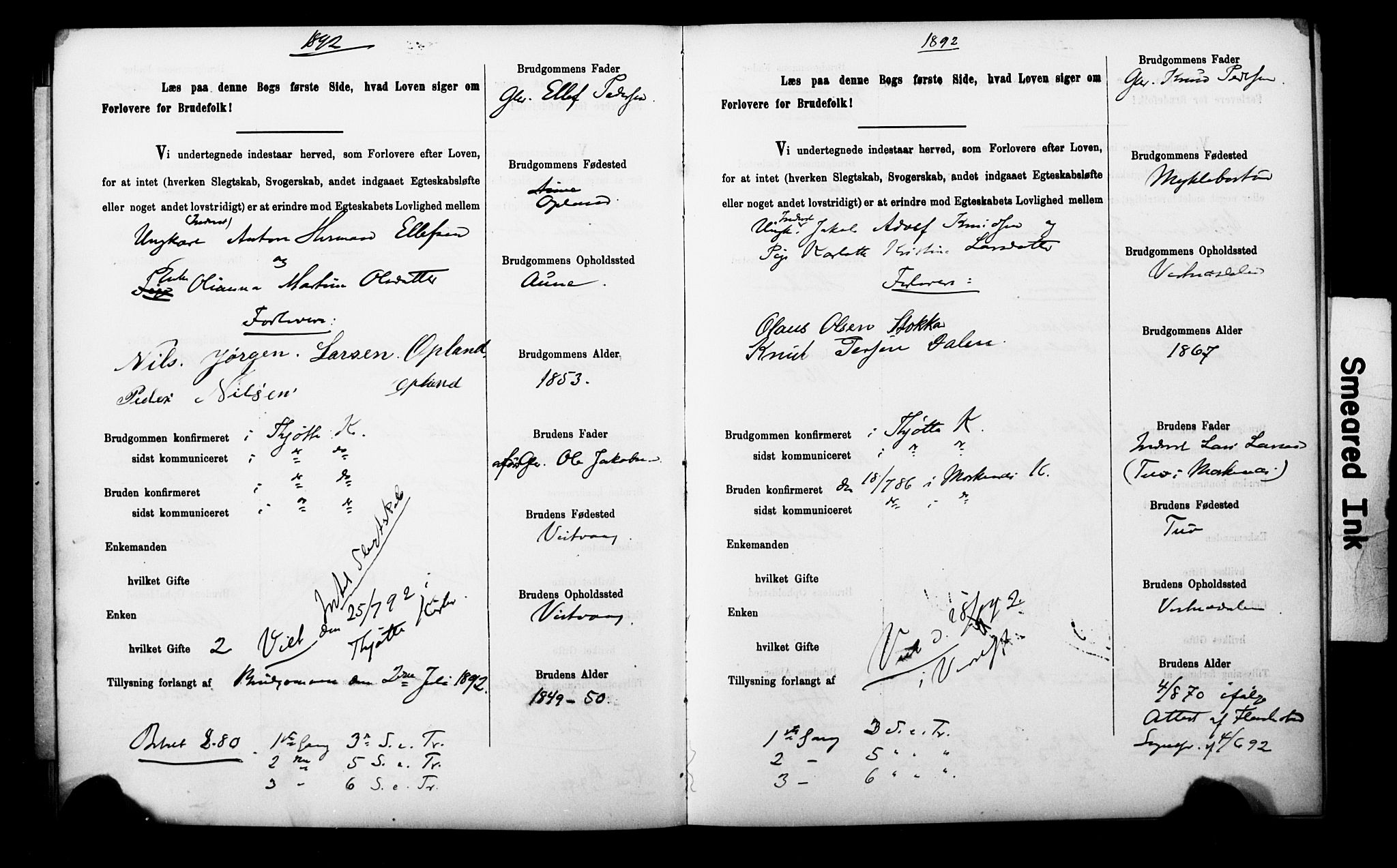 Uten arkivreferanse**, SAT/-: Banns register no. 1 /2 (Trøgstad), 1891-1895