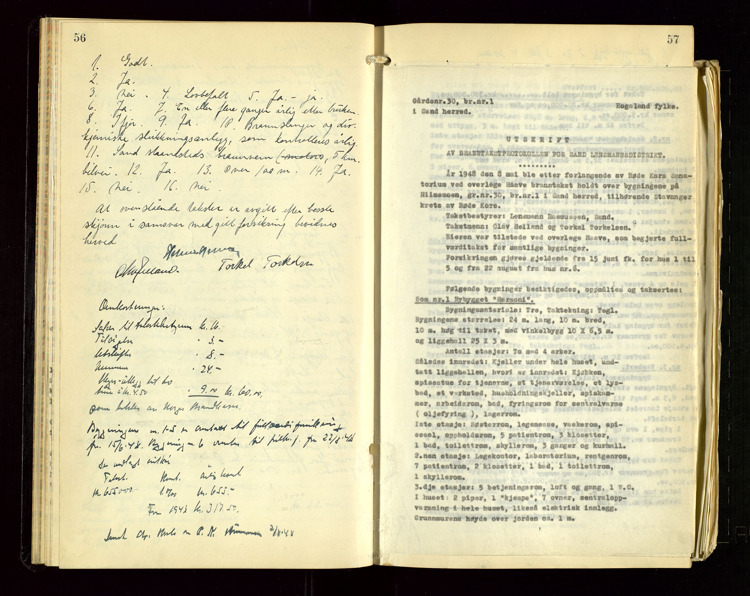 Sand lensmannskontor, AV/SAST-A-100415/Gob/L0004: Branntakstprotokoll, 1937-1955, p. 56-57