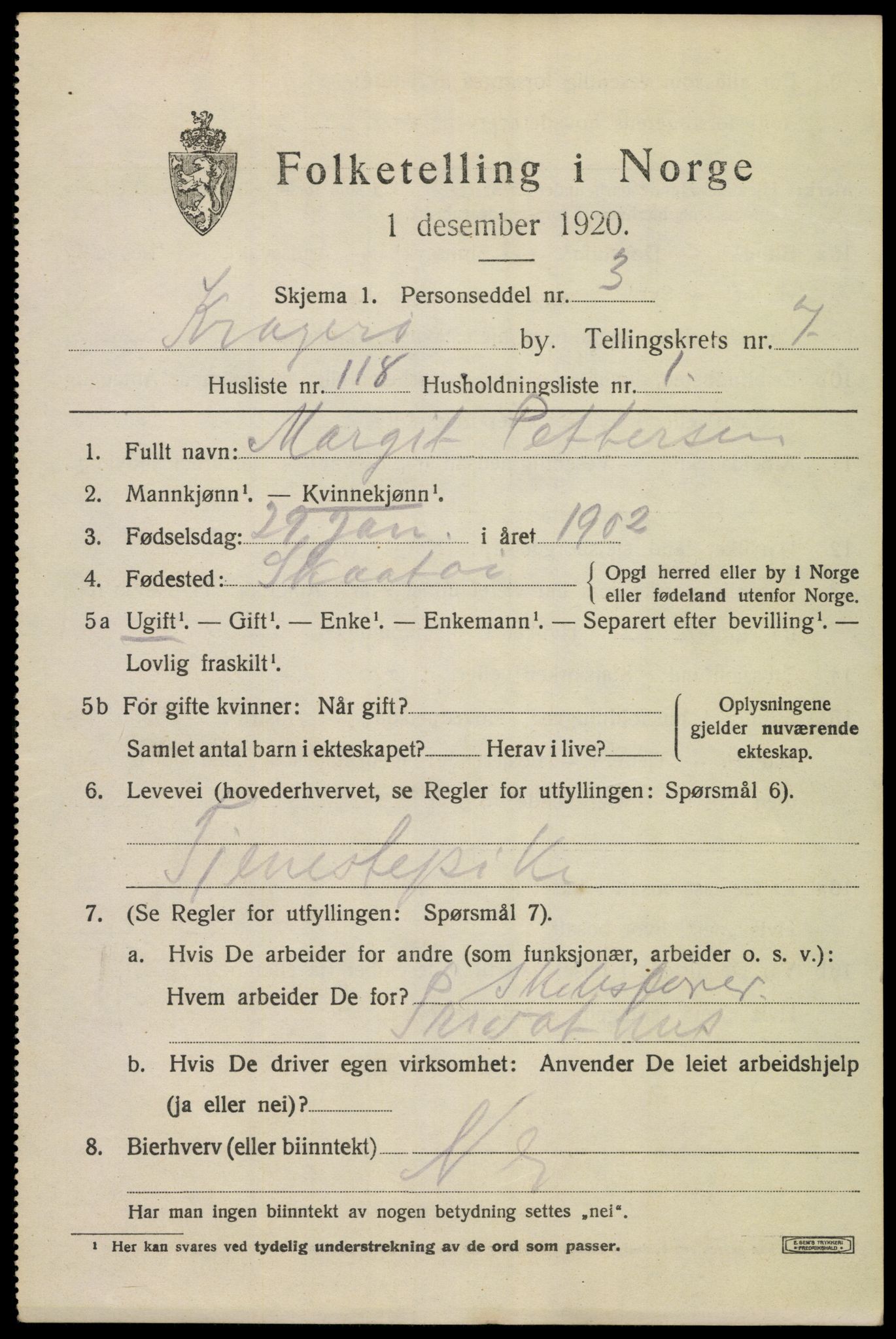 SAKO, 1920 census for Kragerø, 1920, p. 11045