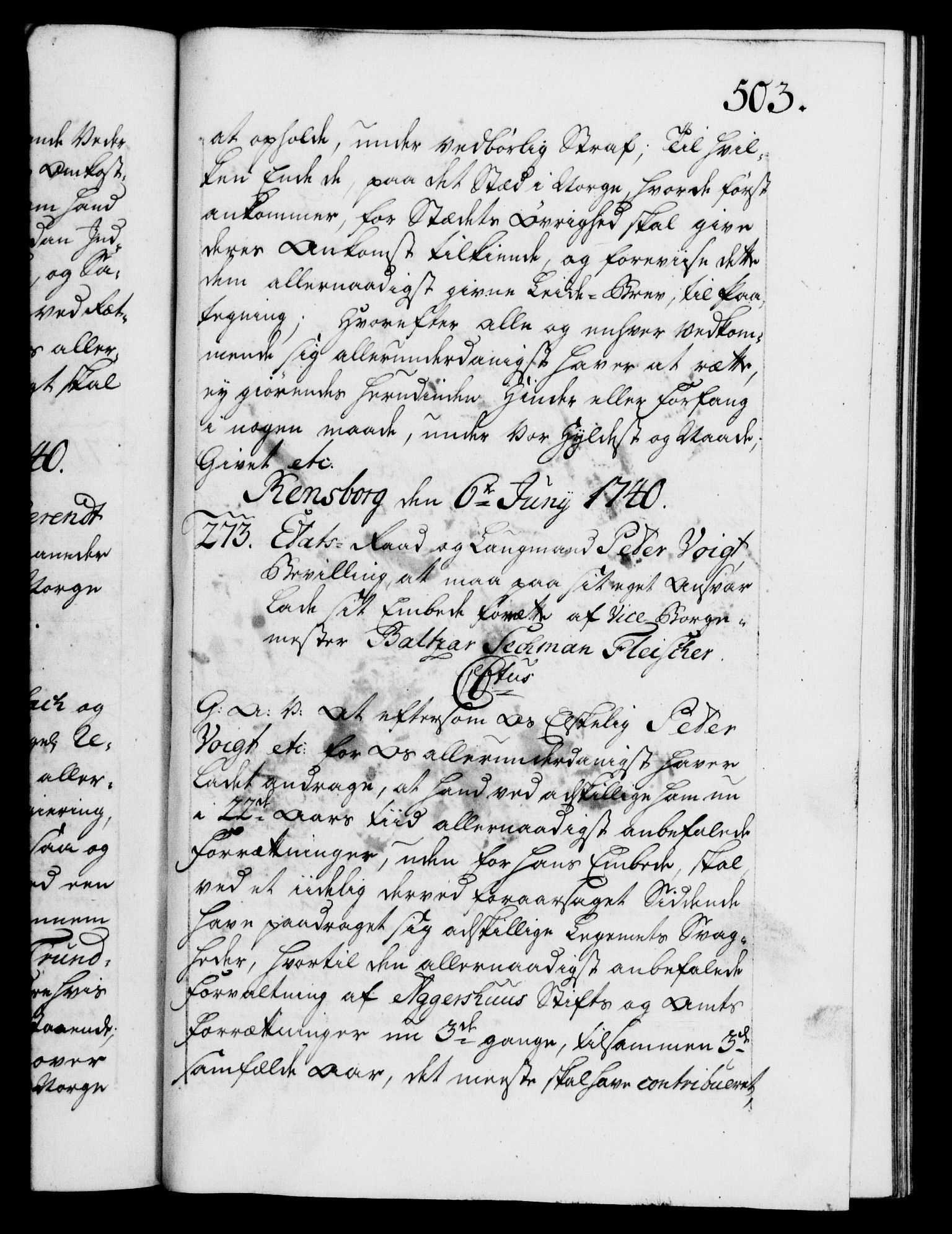 Danske Kanselli 1572-1799, AV/RA-EA-3023/F/Fc/Fca/Fcaa/L0031: Norske registre, 1739-1740, p. 503a