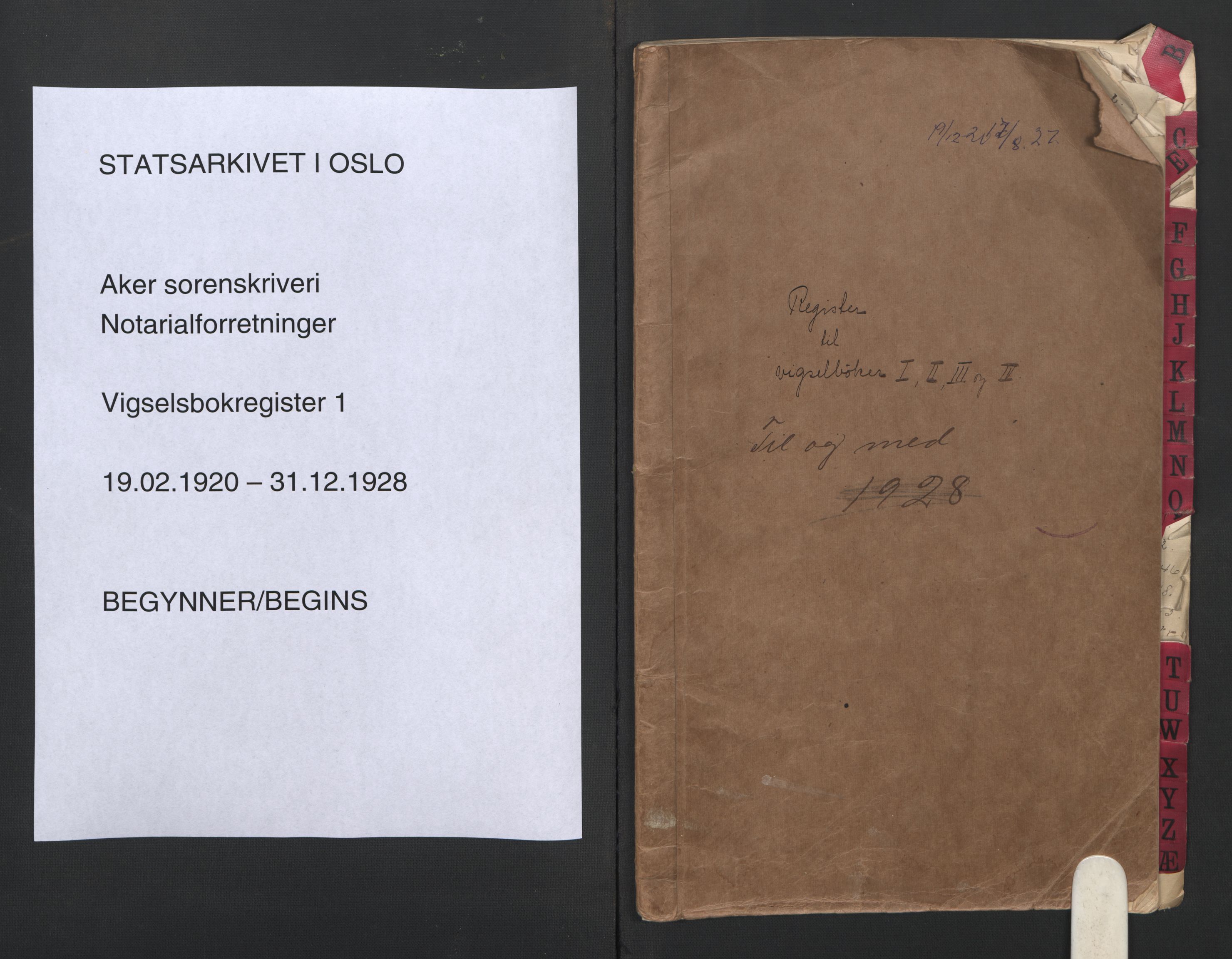 Aker sorenskriveri, AV/SAO-A-10895/L/Lc/Lca/L0001/0001: Register til vigselprotokoll / Register, 1920-1928