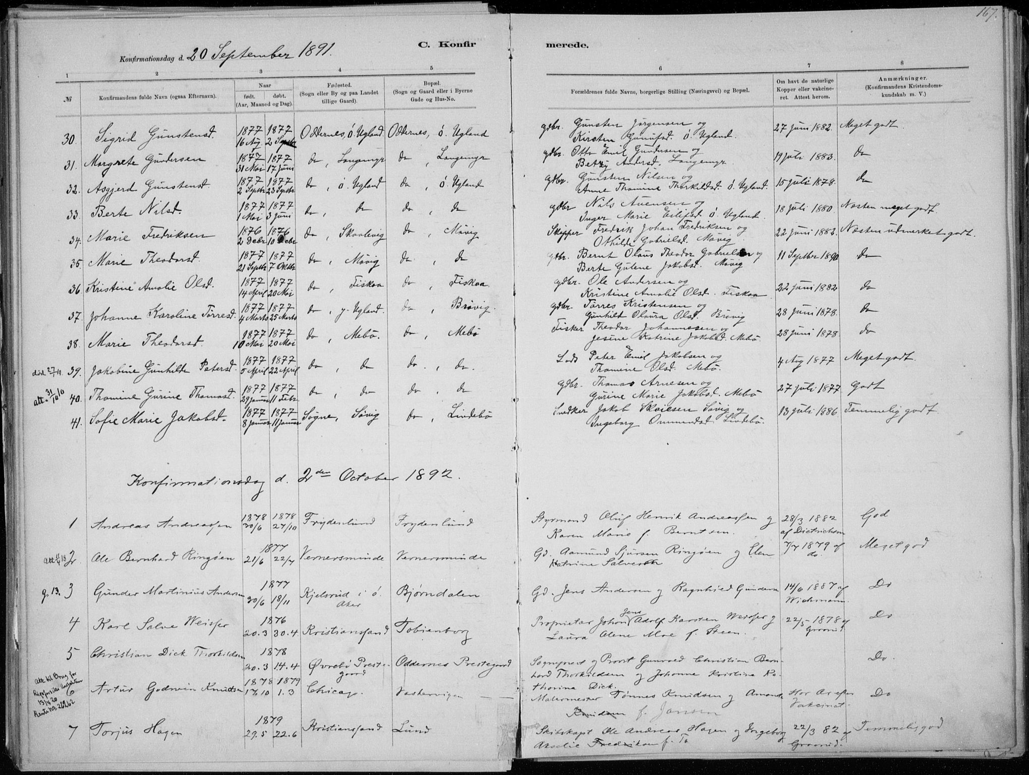 Oddernes sokneprestkontor, AV/SAK-1111-0033/F/Fa/Faa/L0009: Parish register (official) no. A 9, 1884-1896, p. 167