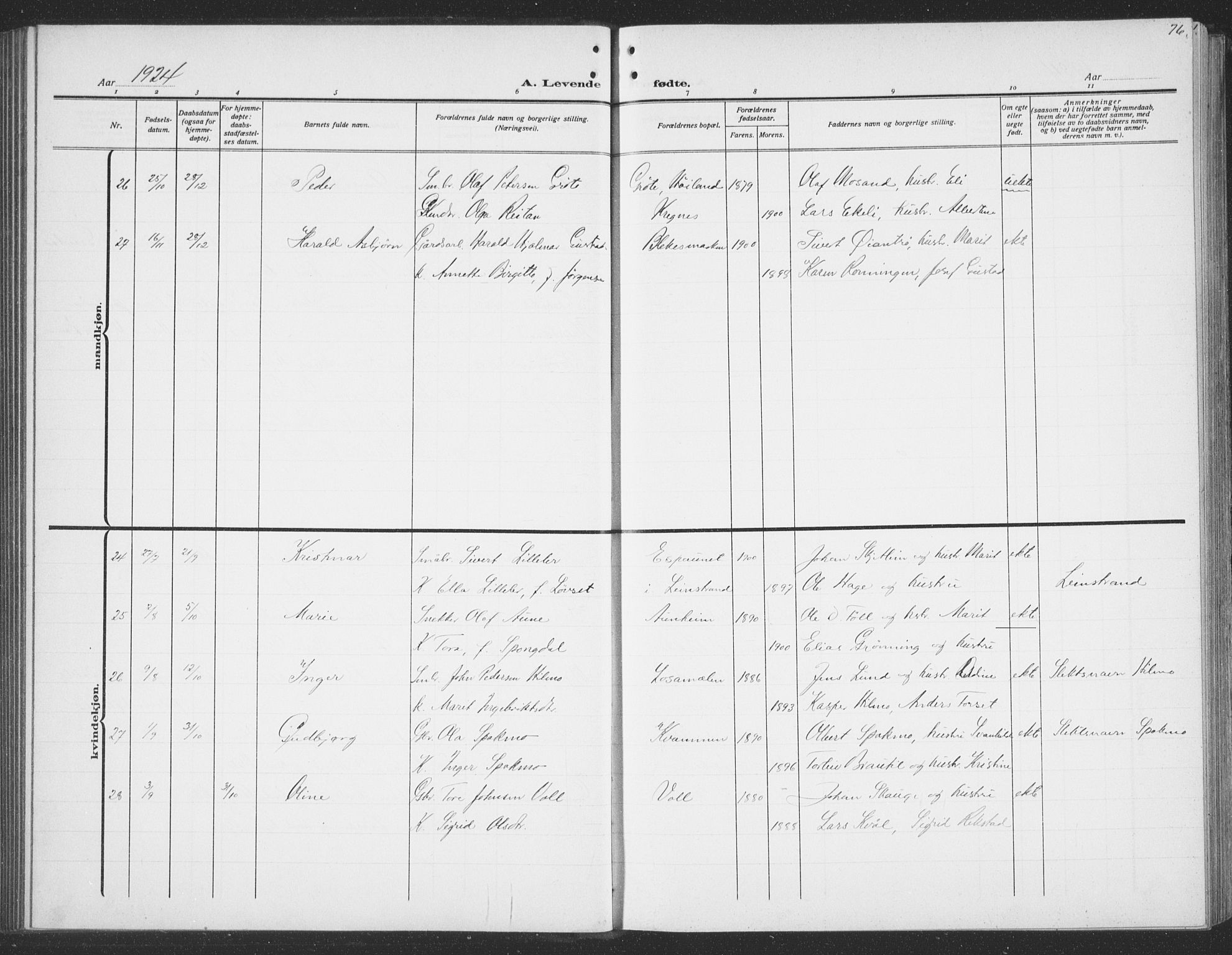 Ministerialprotokoller, klokkerbøker og fødselsregistre - Sør-Trøndelag, AV/SAT-A-1456/691/L1095: Parish register (copy) no. 691C06, 1912-1933, p. 76