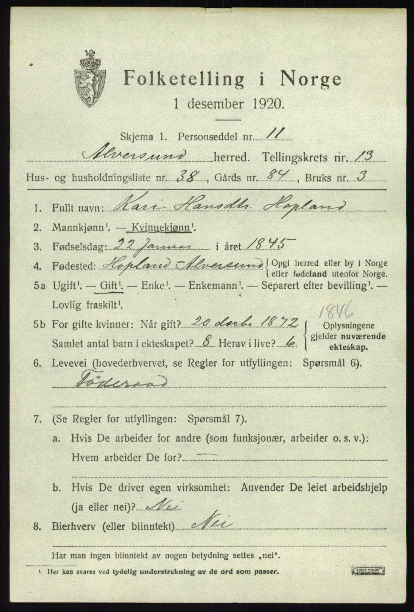 SAB, 1920 census for Alversund, 1920, p. 7664