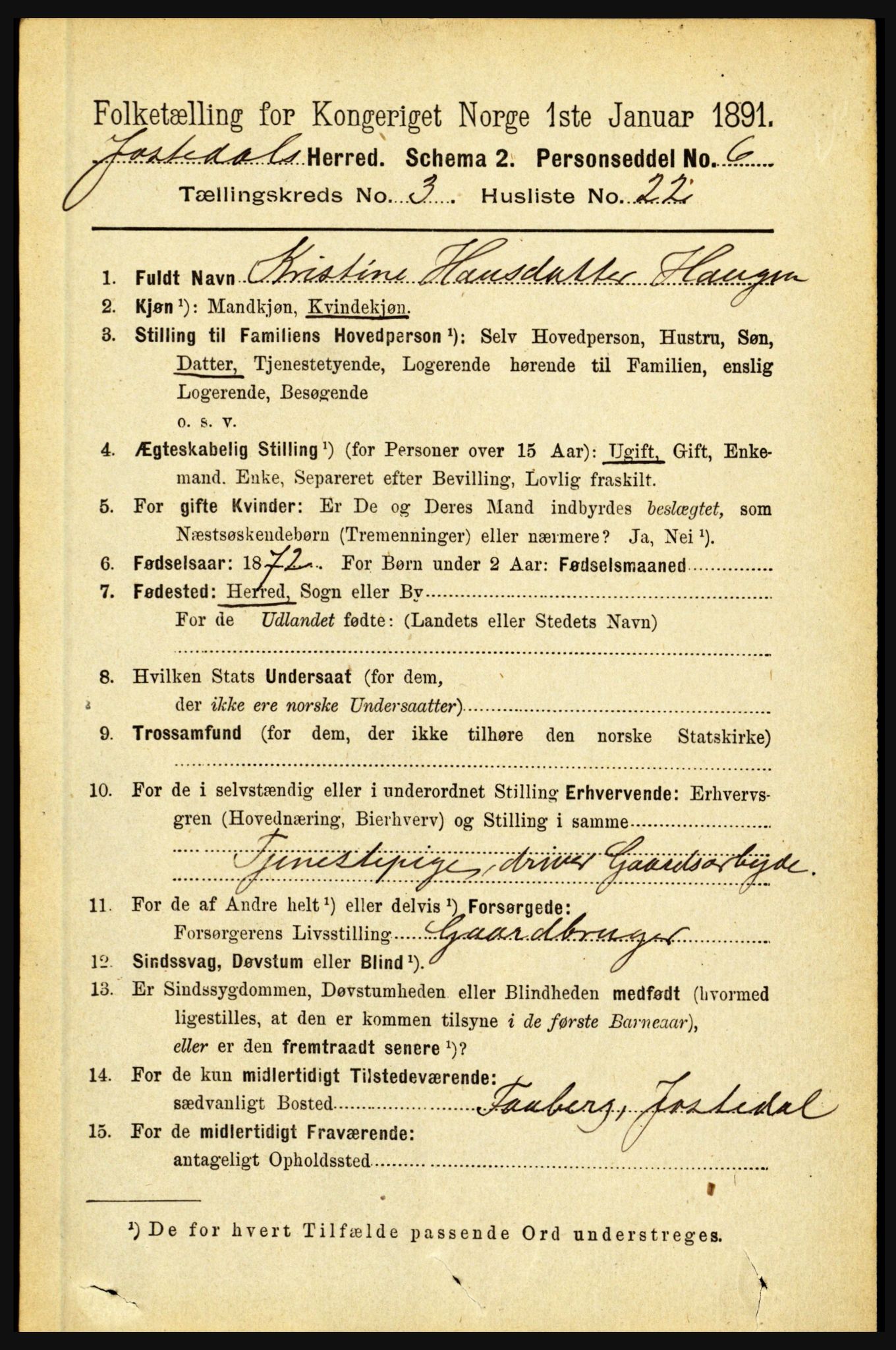 RA, 1891 census for 1427 Jostedal, 1891, p. 1055