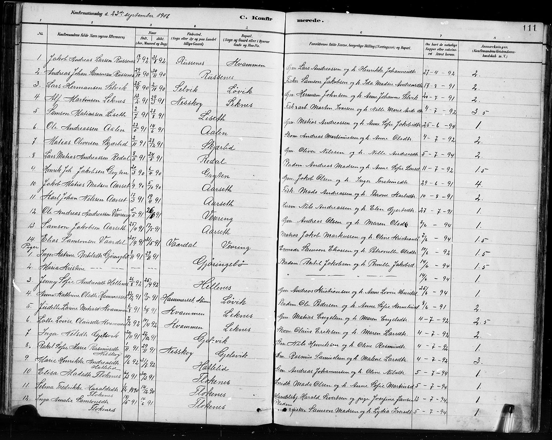 Førde sokneprestembete, SAB/A-79901/H/Hab/Habe/L0001: Parish register (copy) no. E 1, 1881-1920, p. 111