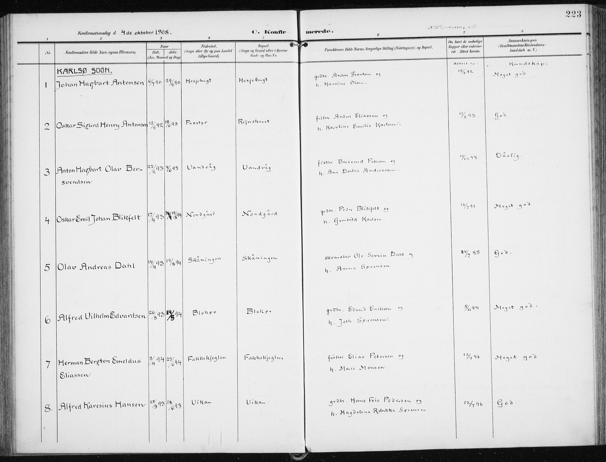 Karlsøy sokneprestembete, AV/SATØ-S-1299/H/Ha/Haa/L0014kirke: Parish register (official) no. 14, 1903-1917, p. 223