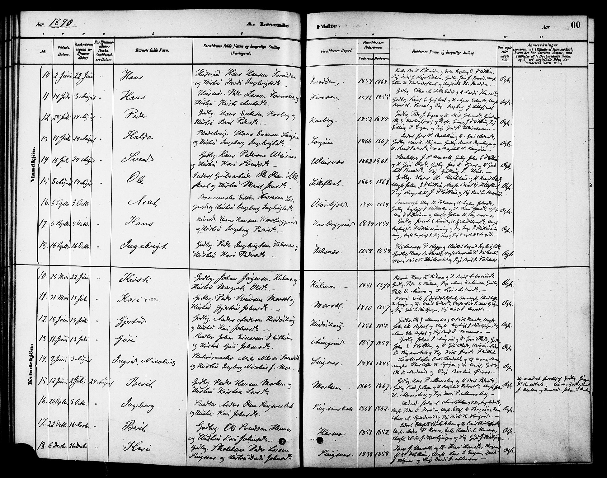 Ministerialprotokoller, klokkerbøker og fødselsregistre - Sør-Trøndelag, SAT/A-1456/688/L1024: Parish register (official) no. 688A01, 1879-1890, p. 60