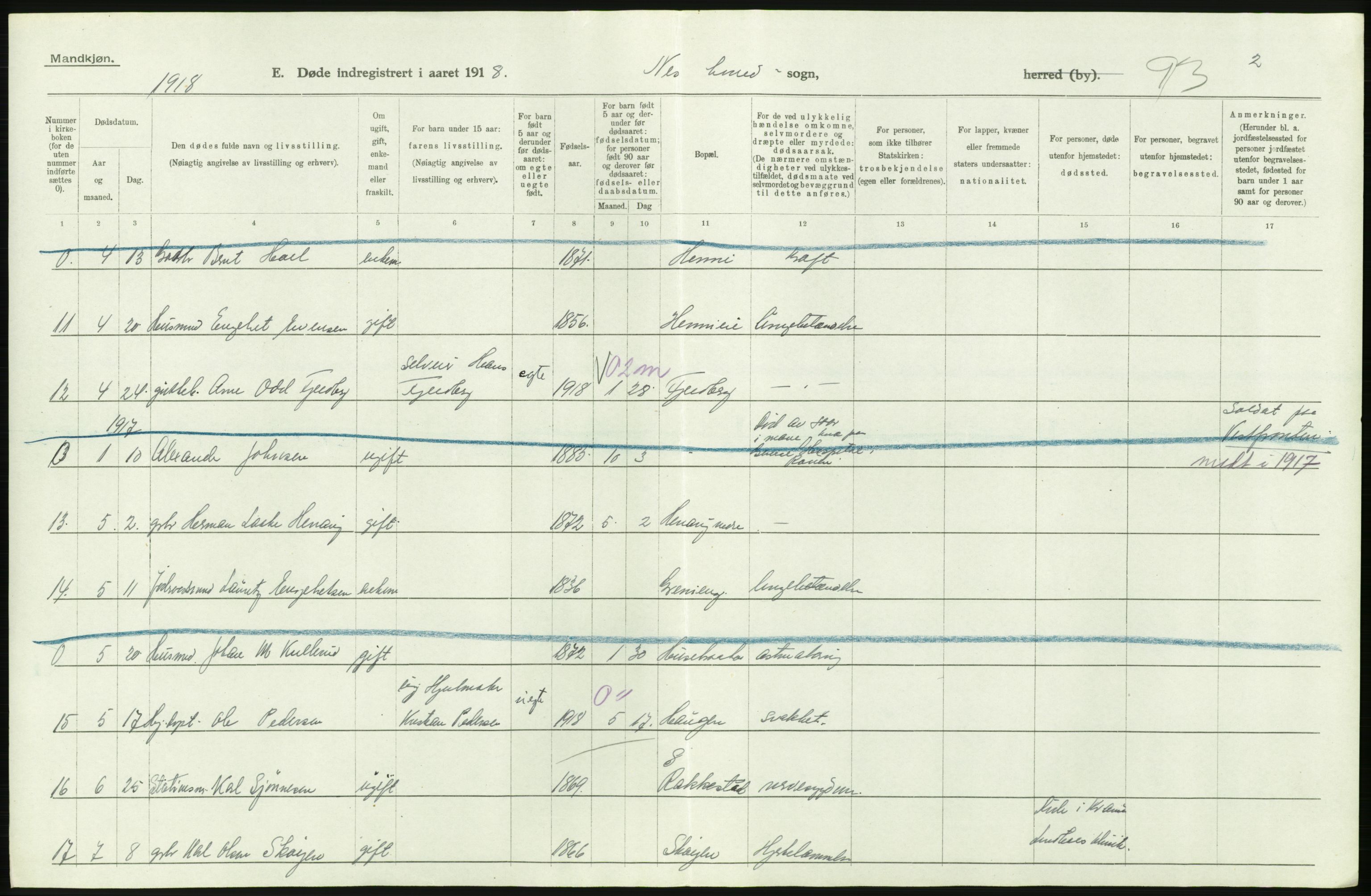 Statistisk sentralbyrå, Sosiodemografiske emner, Befolkning, AV/RA-S-2228/D/Df/Dfb/Dfbh/L0006: Akershus fylke: Døde. Bygder og byer., 1918, p. 318